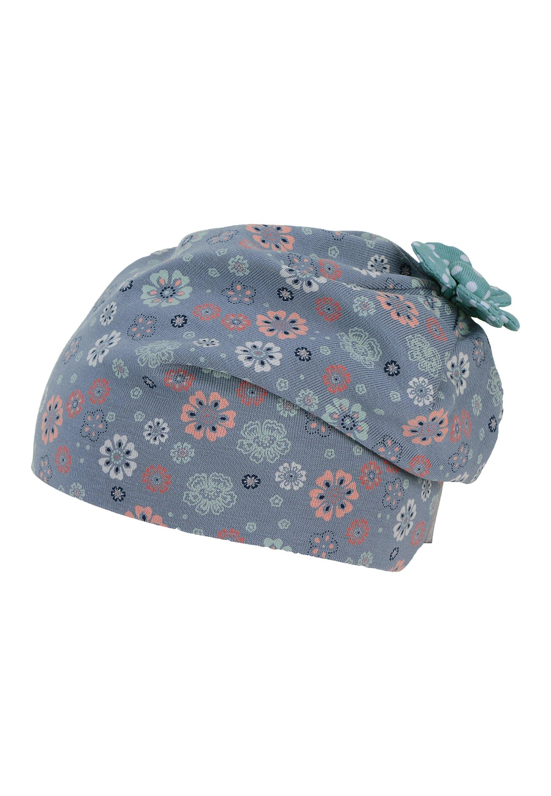 Slouch-Beanie mit Blumenprint in Hellblau und Ecru