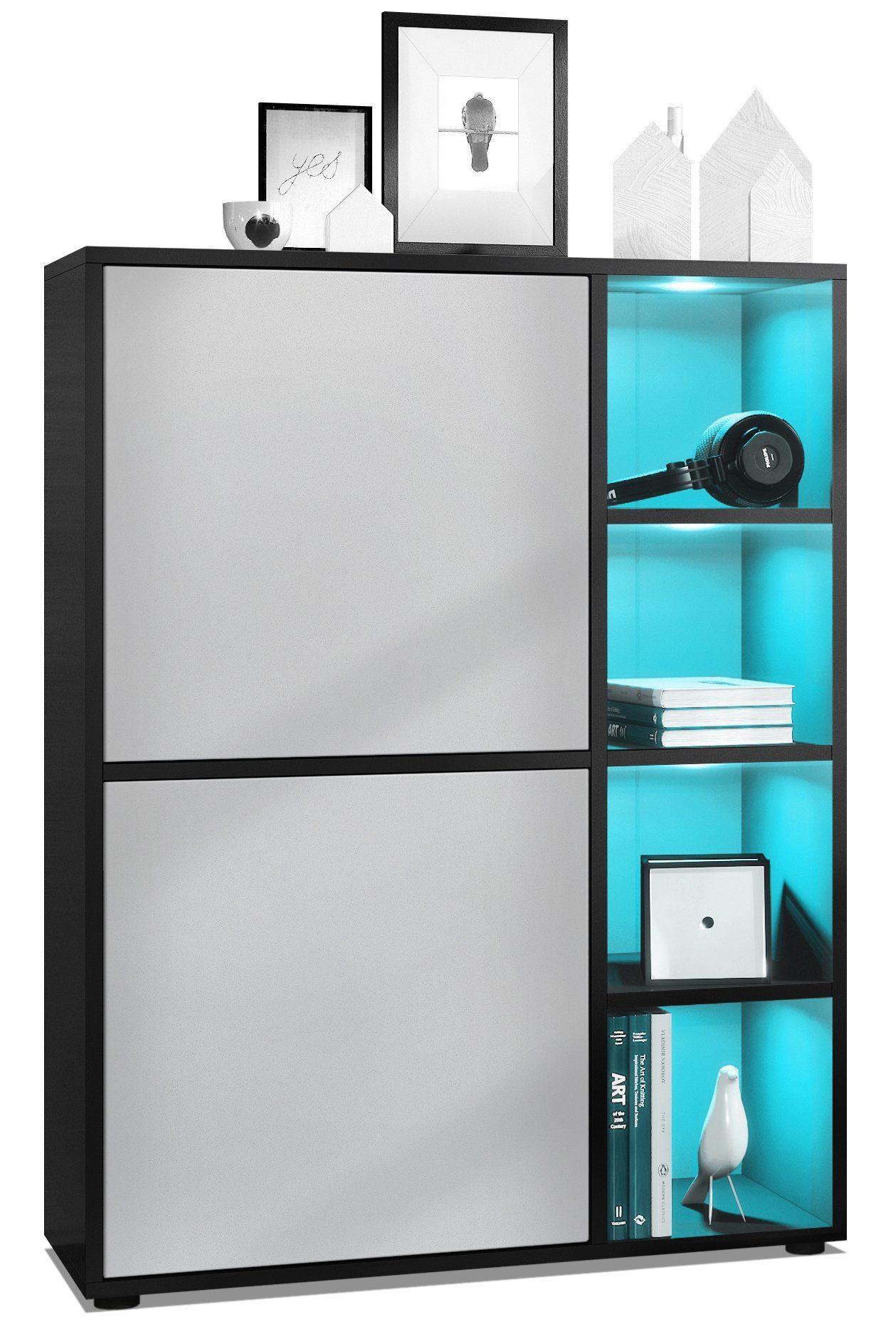 Vladon Highboard Cuba (Anrichte mit 2 Türen, und 4 offene Fächer inkl. RGB LED Beleuchtung), Schwarz matt/Hellgrau seidenmatt (79 x 105,5 x 35,5 cm)