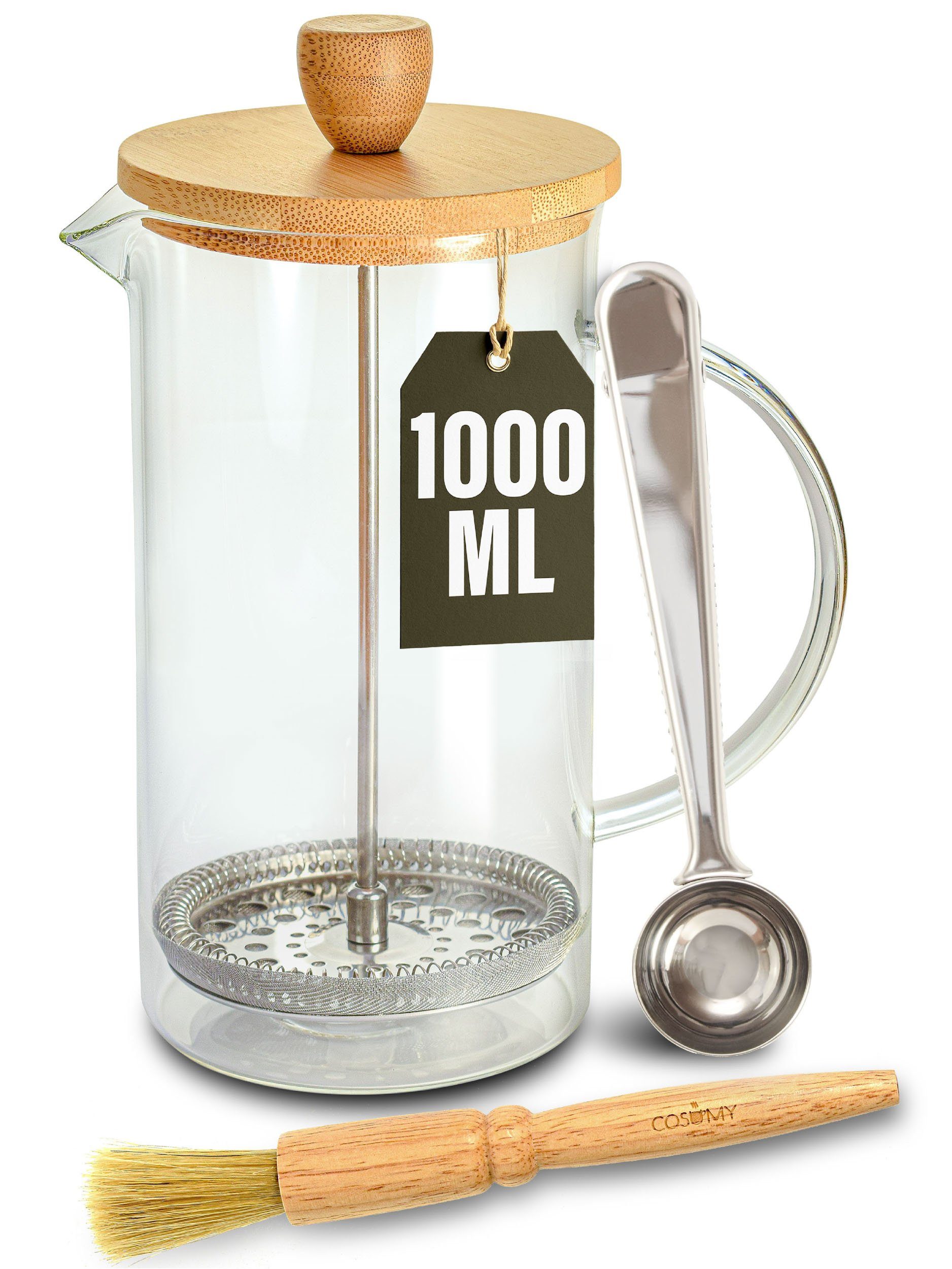 Cosumy French Press Kanne French Press aus Glas 1L, 1l Kaffeekanne, Kaffeebereiter für 2 Tassen Kaffee - Mit Dosierlöffel und Reinigungspinsel