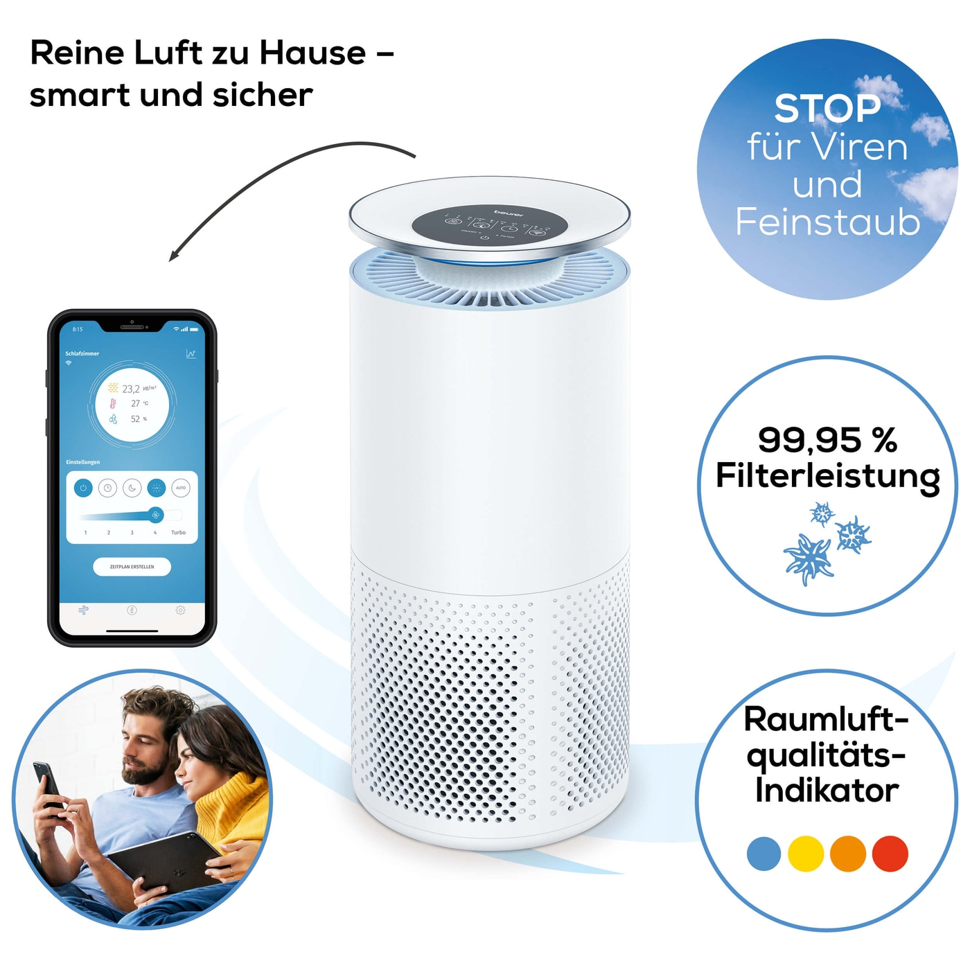 Beurer LR 400 App gesteuerter Luftreiniger-Luftreiniger mit dreischichtigem Filtersystem & App Steuerung bis 69 m²