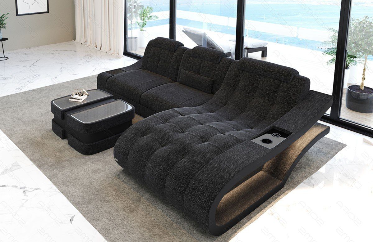Sofa Dreams Ecksofa Polster Stoff Sofa Elegante H - L Form Stoffsofa Couch, mit LED, wahlweise mit Bettfunktion