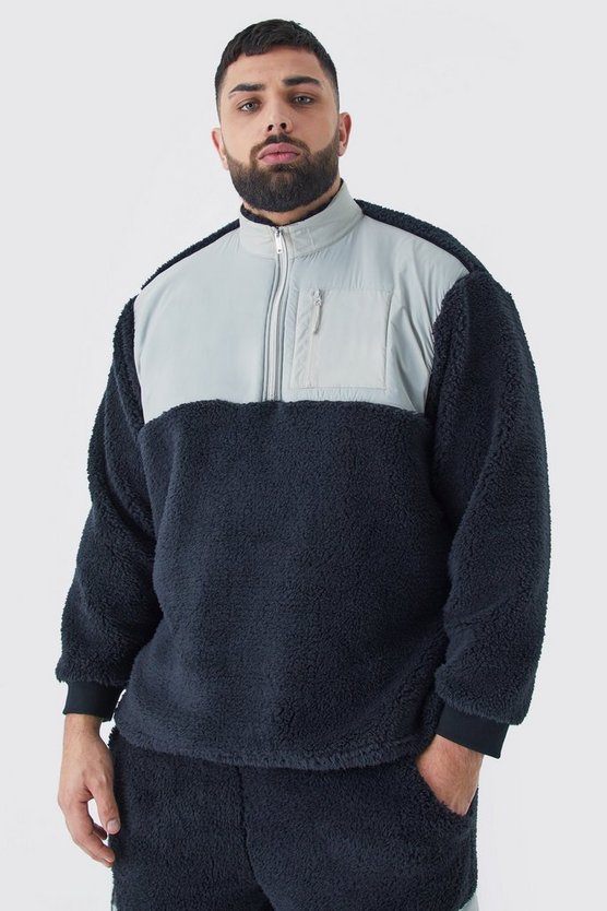 Plus kastiges Oversize Nylon Borg-Sweatshirt mit 1/4 Reißverschluss