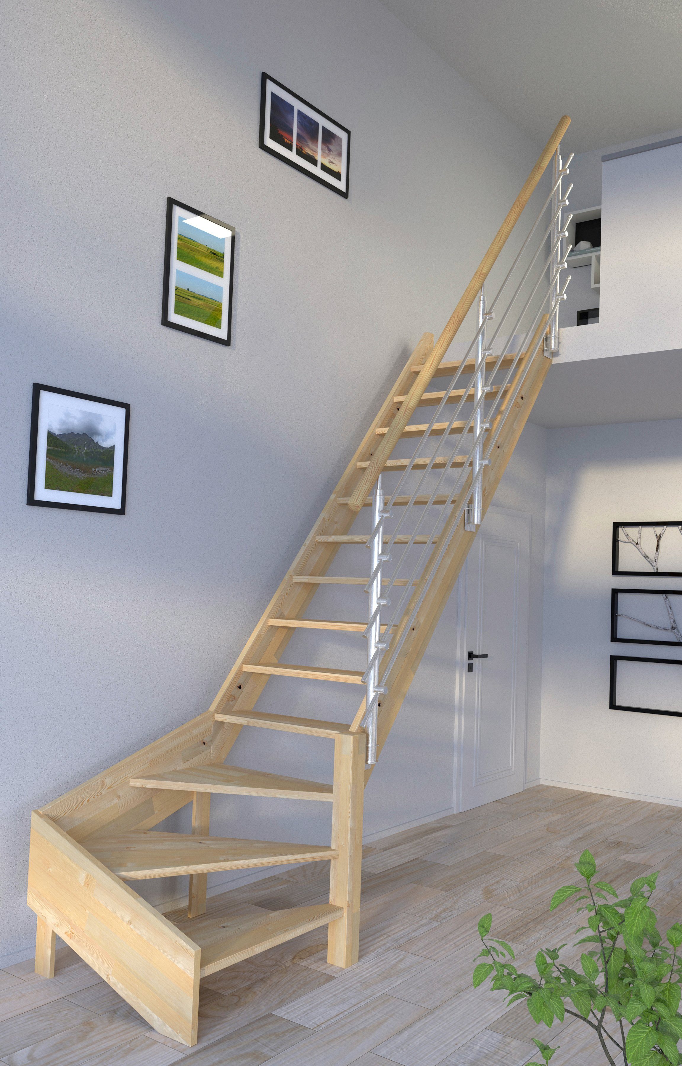 Starwood Raumspartreppe Massivholz Korfu, Design-Geländer Edelstahl, für Geschosshöhen bis 300 cm, Stufen offen, gewendelt Rechts, Durchgehende Wangenteile