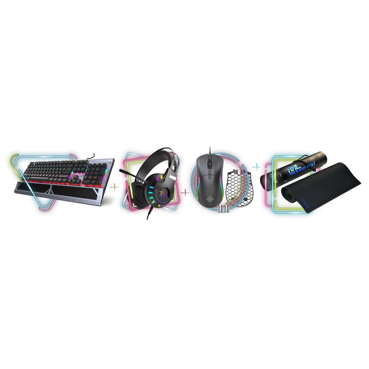 Inca Gaming Komplet-Set Delux 4 in 1 Combo aus RGB Gaming-Tastatur Gaming-Maus, Mauspad und Headset
