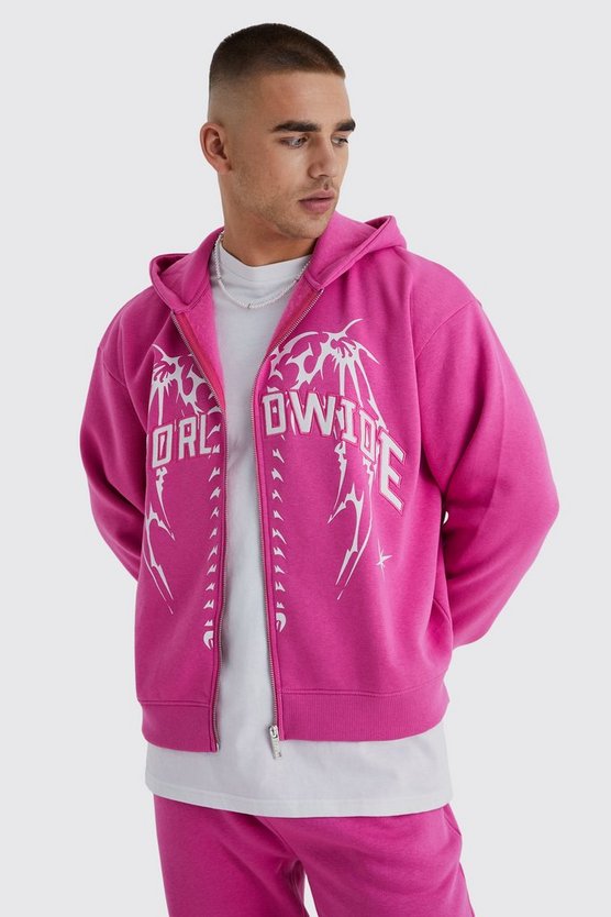 Kastiger Oversize Worldwide Hoodie mit Reißverschluss