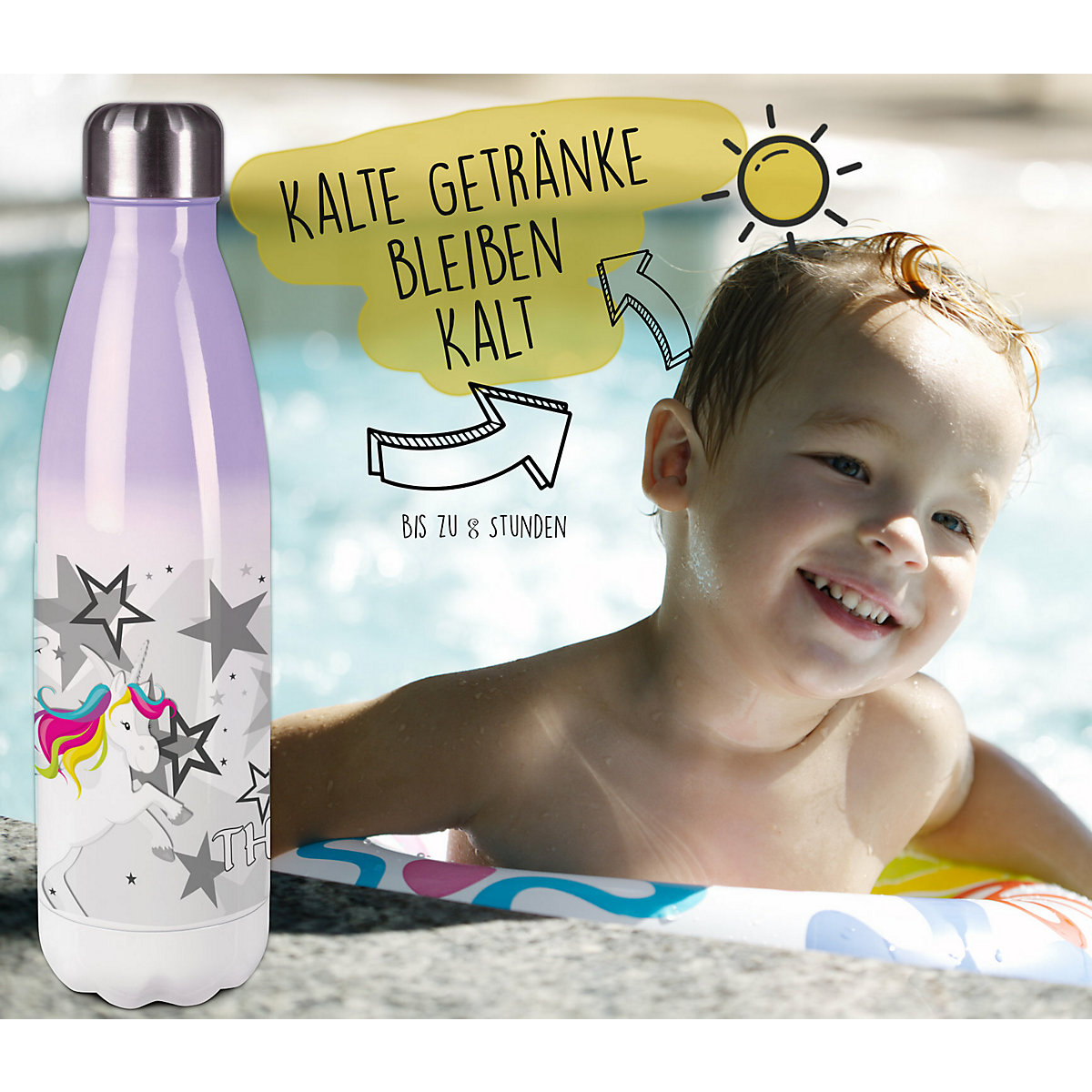 Edelstahl Kinder Thermoflasche / Trinkflasche bunt Pegasus Sterne Farbe grau Spülmaschinenfest, Auslaufsicher, Bruchfest, Doppelwandig, Für Heißgetränke geeignet, Mit Deckel, Isoliert