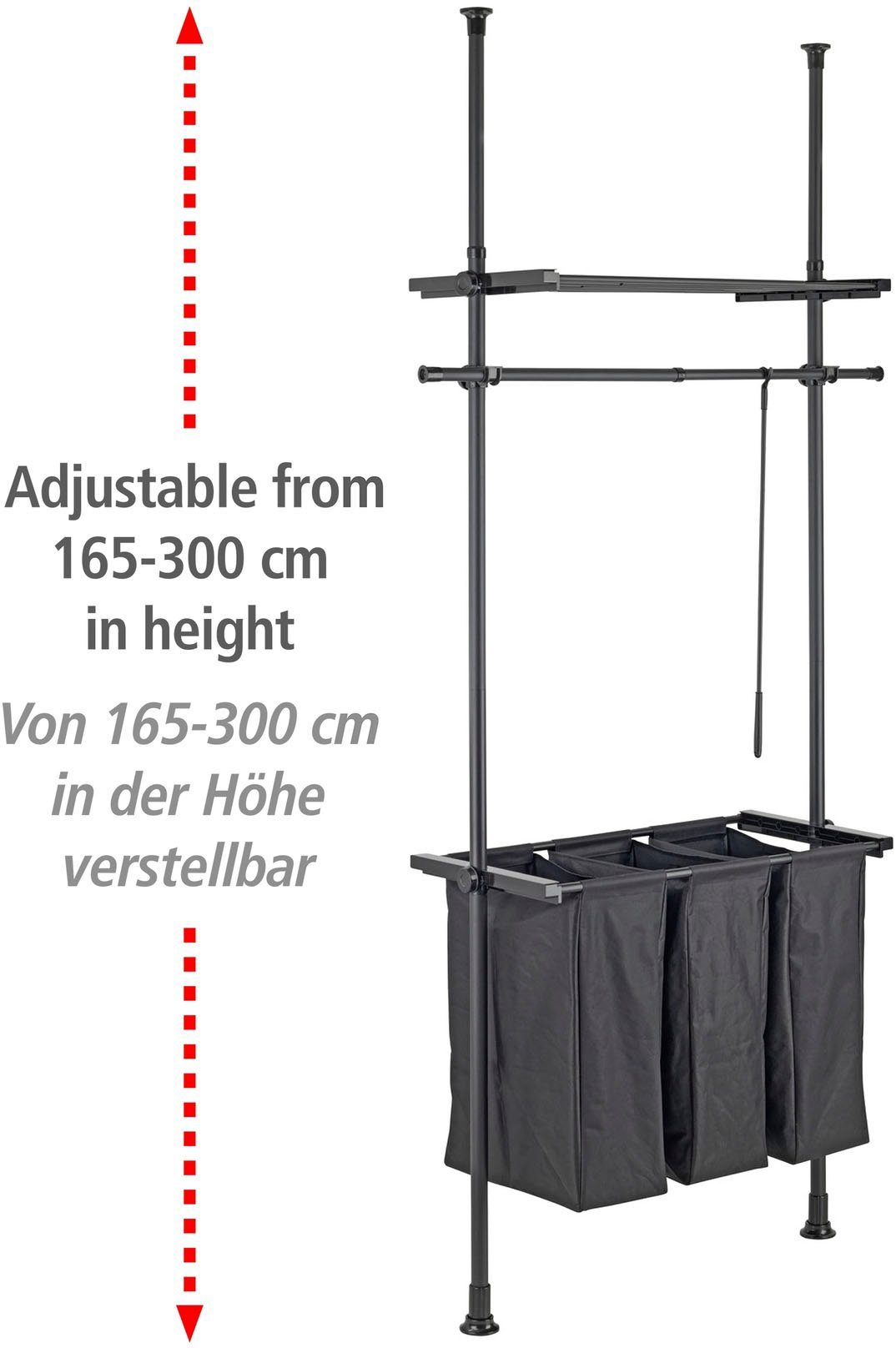 WENKO Wäschesortierer Herkules (Teleskopsystem), Befestigung ohne Bohren, einfaches Einklemmen, 3 Wäschefächer
