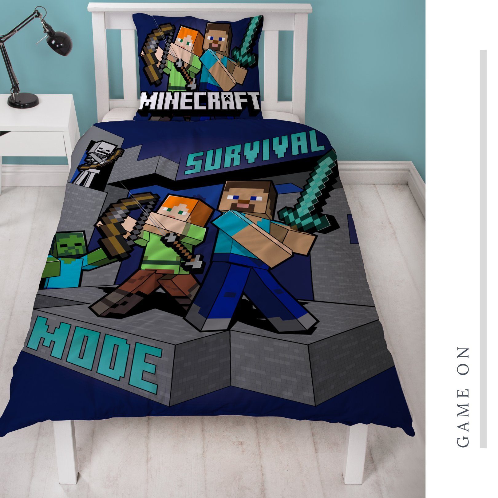 Bettwäsche Minecraft 135x200 + 80x80 cm, 100 % Baumwolle, MTOnlinehandel, Renforcé, 2 teilig, coole & starke Kinder- und Jugendbettwäsche 