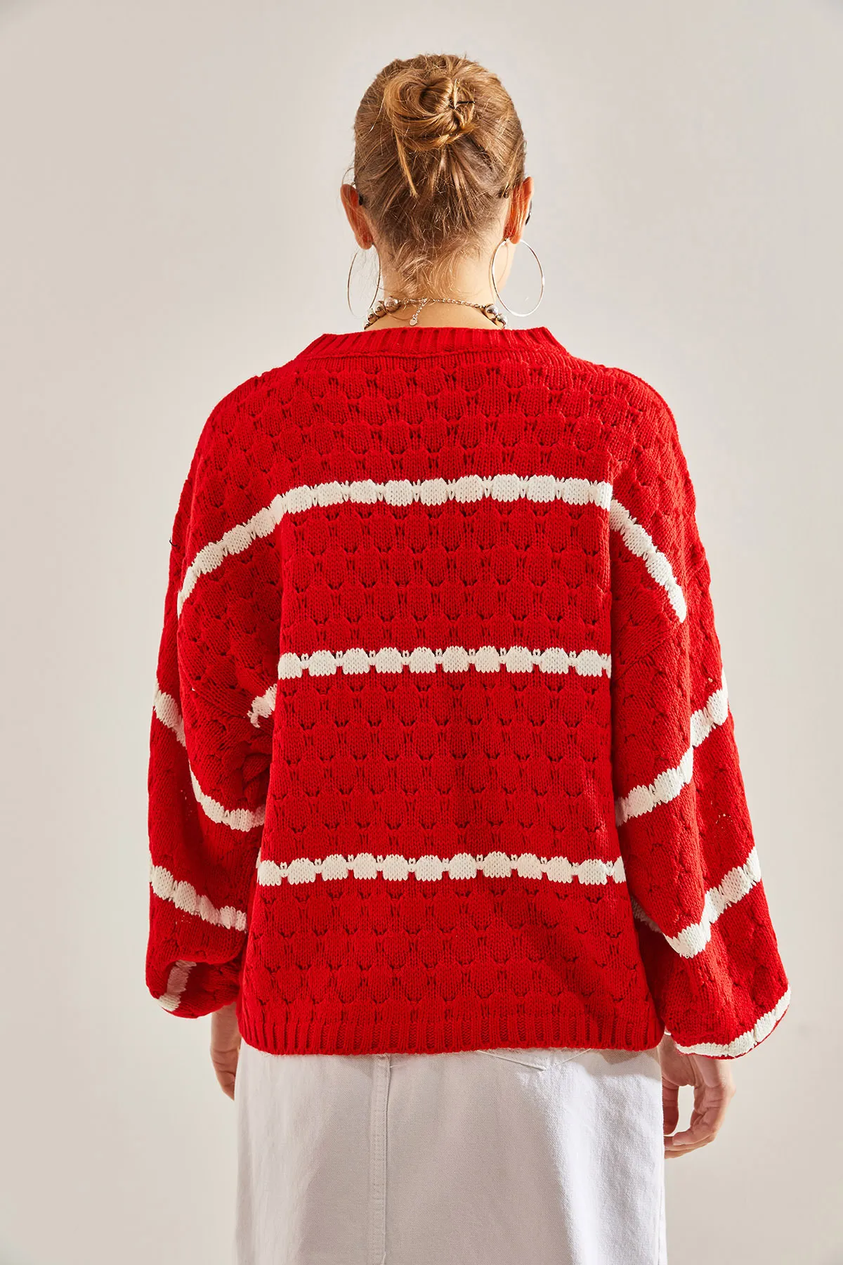 Bianco Lucci  Gestreifter Wabenstrickpullover mit Ballonärmeln für Damen