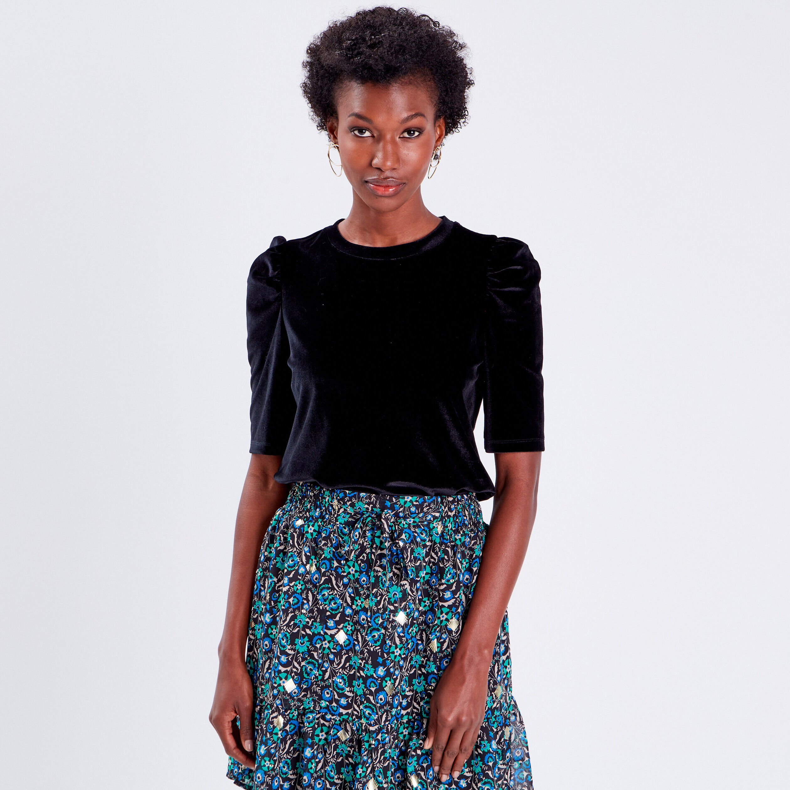 T-shirt manches 3/4 velours noir femme | Cache Cache