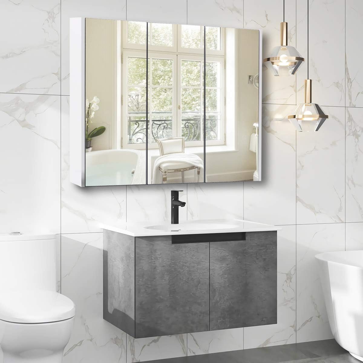 KOMFOTTEU Spiegelschrank mit 3 Türen mit Spiegel, 65 x 11 x 90 cm