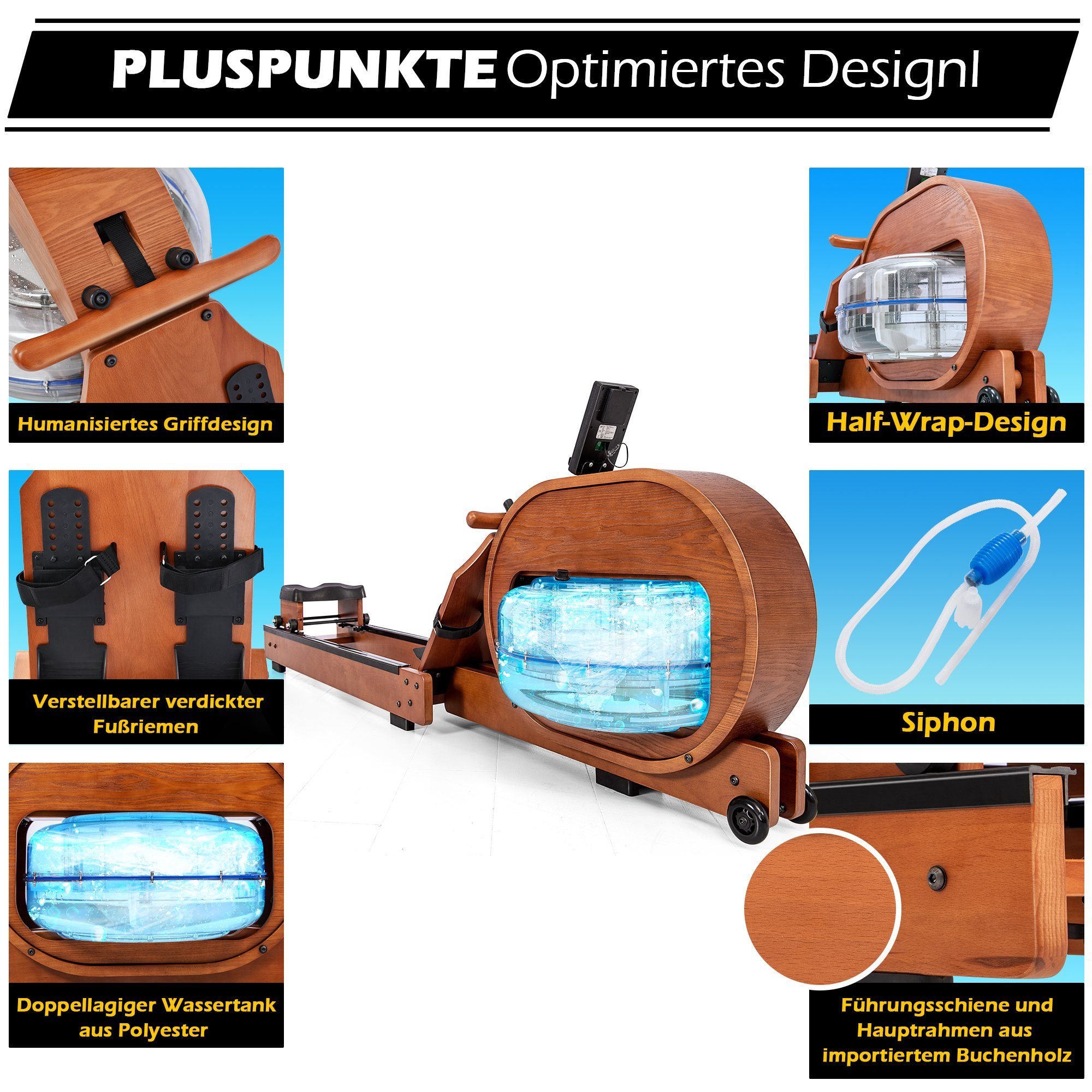 Merax Rudergerät, Wasser-Rudergerät mit LCD-Display, APP, Bluetooth, aus Holz