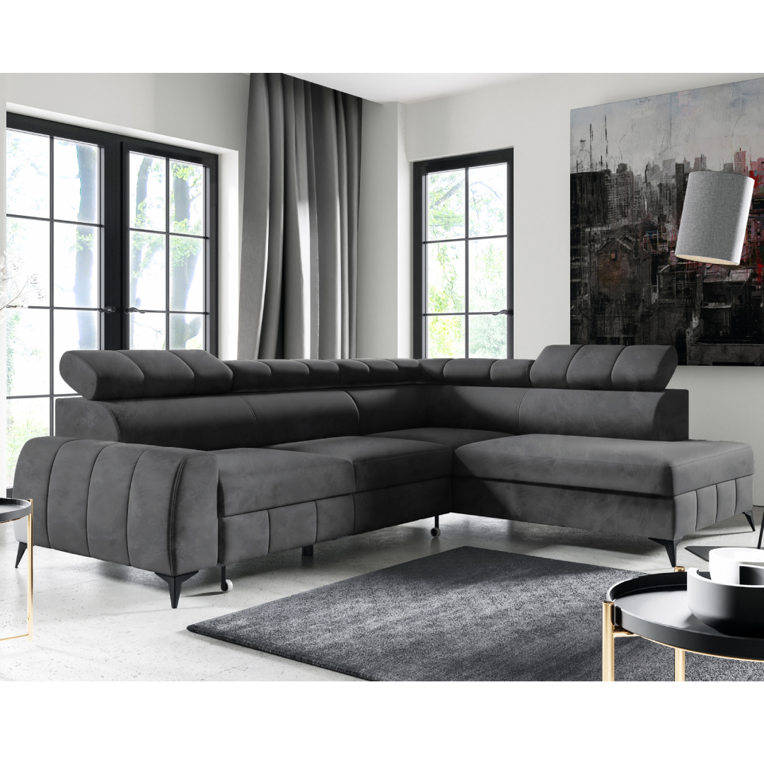 Möbel Punkt Wohnlandschaft Ecksofa Livorno Samt Grau Anthrazit mit Bettkasten Kopfteilverstellung Ottomane rechts