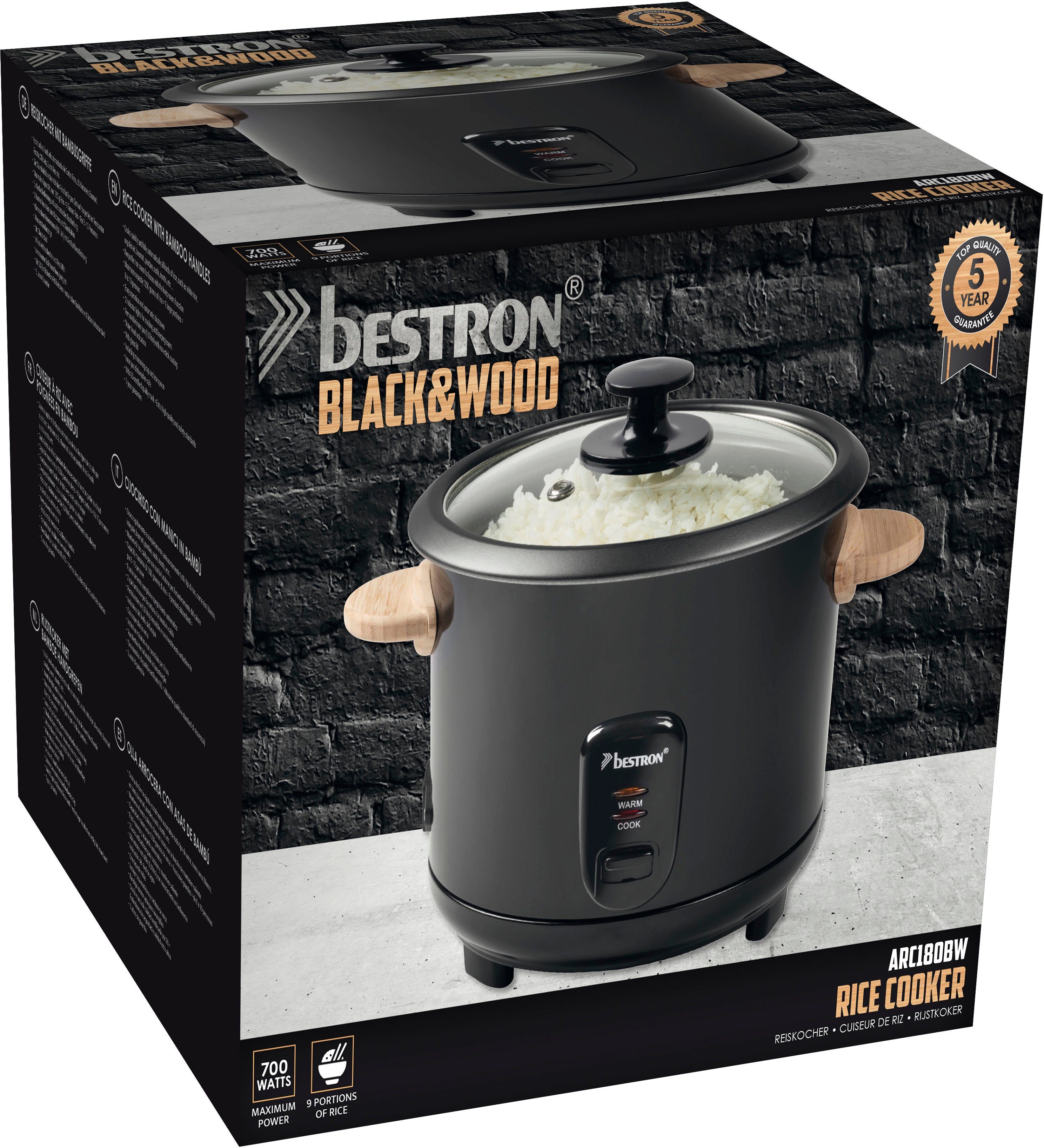 bestron Reiskocher ARC180BW, 700 W, mit Bambusgriffen, inkl. Messbecher & Reislöffel, 1,8 L Kapazität