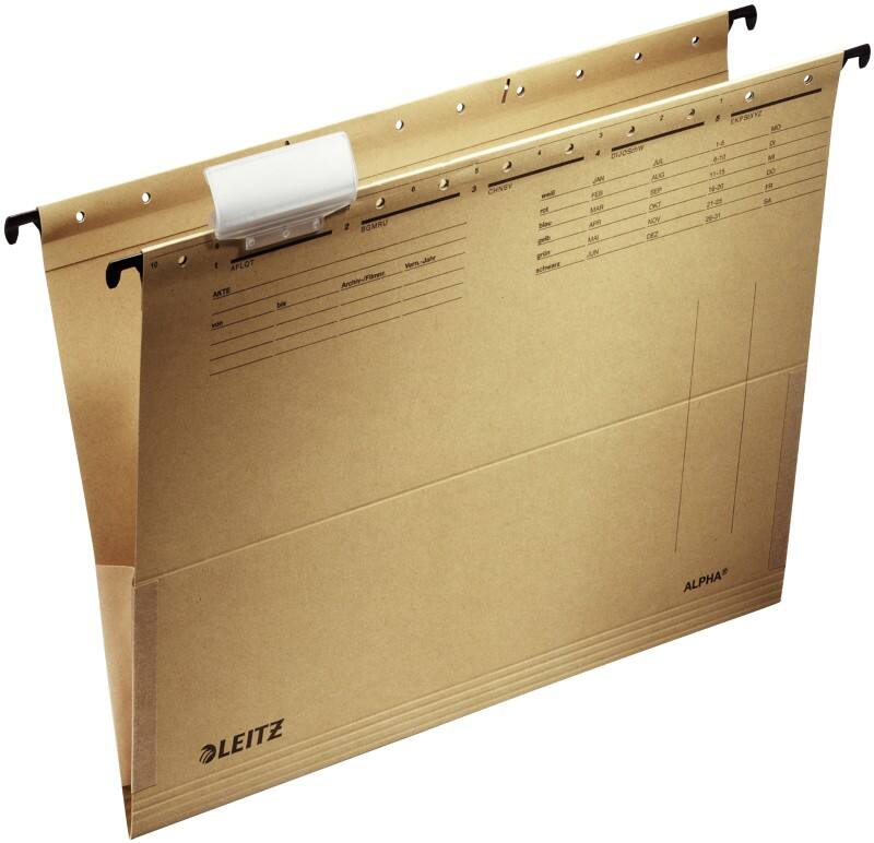Leitz ALPHA Hängetaschen 1916 DIN A4 V-Base 15 mm 250 g/m² Naturbraun 100% Recycelter Natron-Karton 10 Stück
