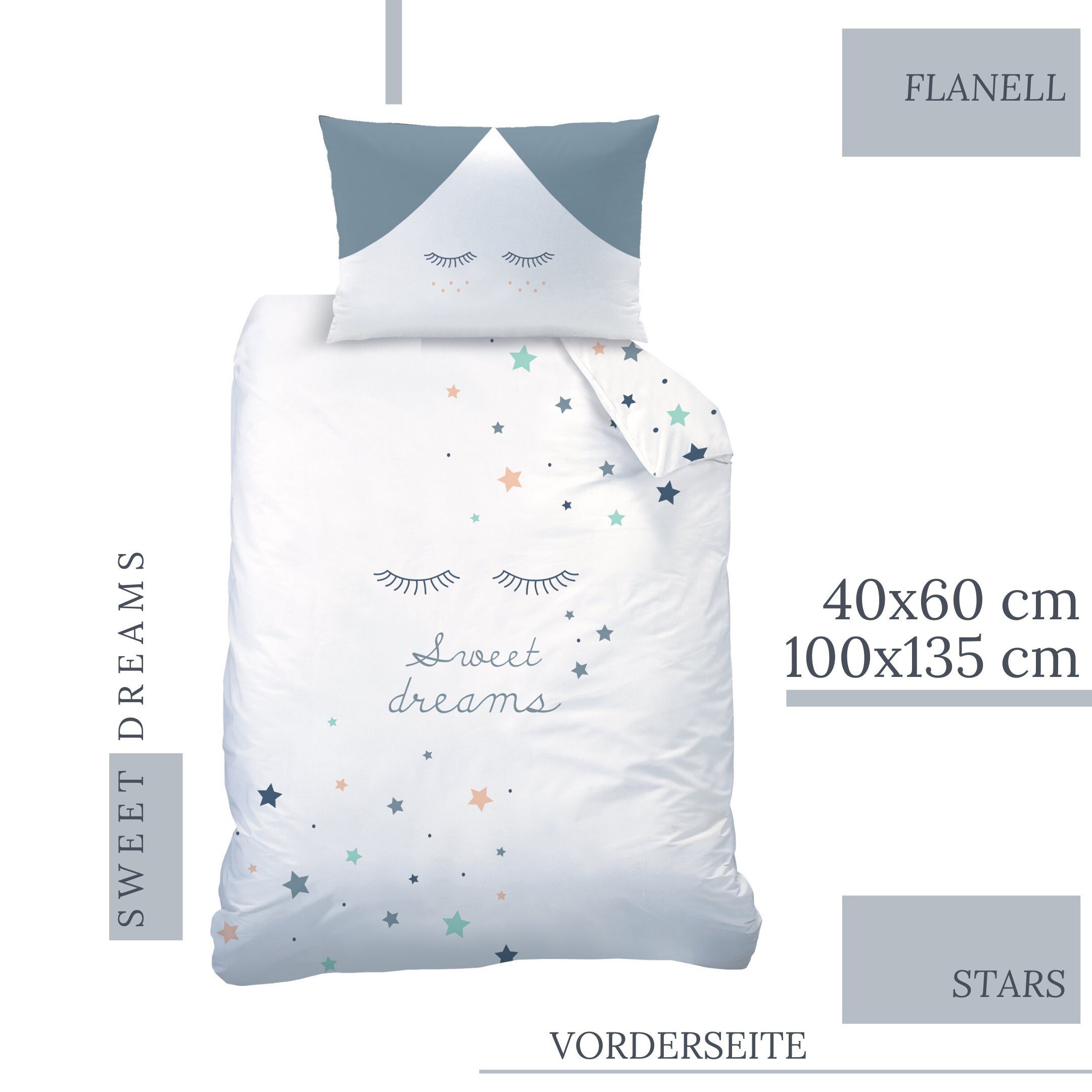 Babybettwäsche Sweet Dreams 100x135 + 40x60 cm, 100 % Baumwolle, MTOnlinehandel, Biber, 2 teilig, Sterne & Wimpern süße Träume Kinderbettwäsche