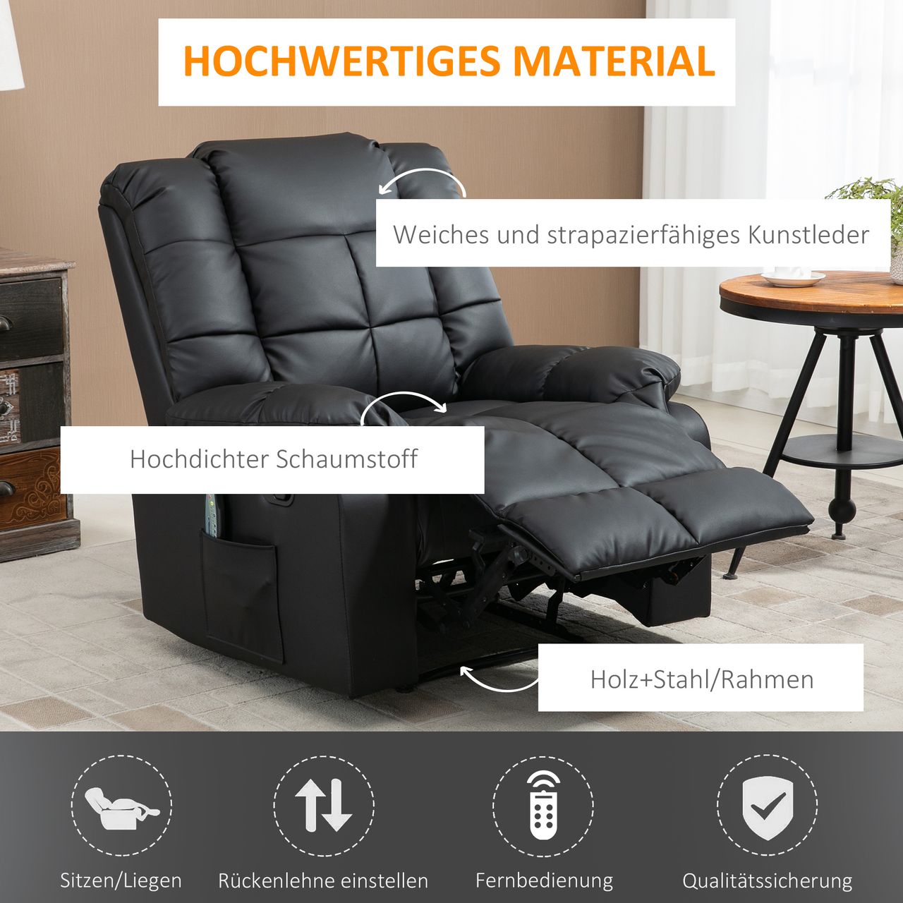 HOMCOM Massagesessel Elektrisch Fernsehsessel mit Liegefunktion 8 Massagepunkte