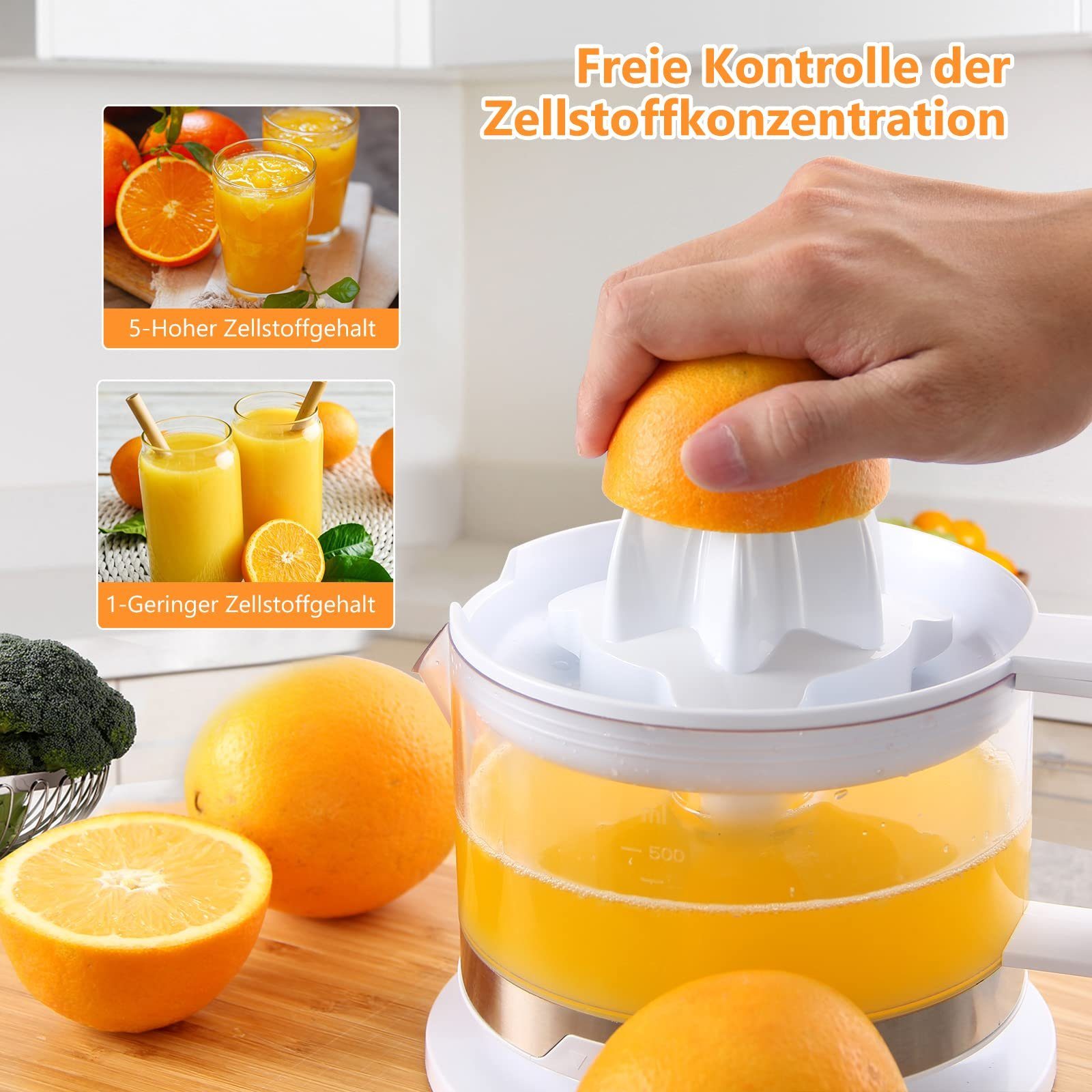HOMELUX Zitruspresse elektrisch 500ml Entsafter mit 2 Kegel Saftpresse Orangenpresse, 45,00 W, einstellbares Fruchtfleisch Hohe Entsaftungsrate Zitronenpresse