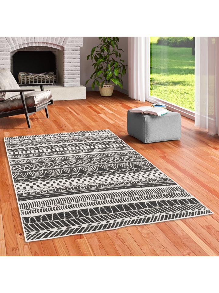 Pergamon In- und Outdoor Teppich Beidseitig Newport Ethno in Schwarz Weiss günstig kaufen 80 x 150cm