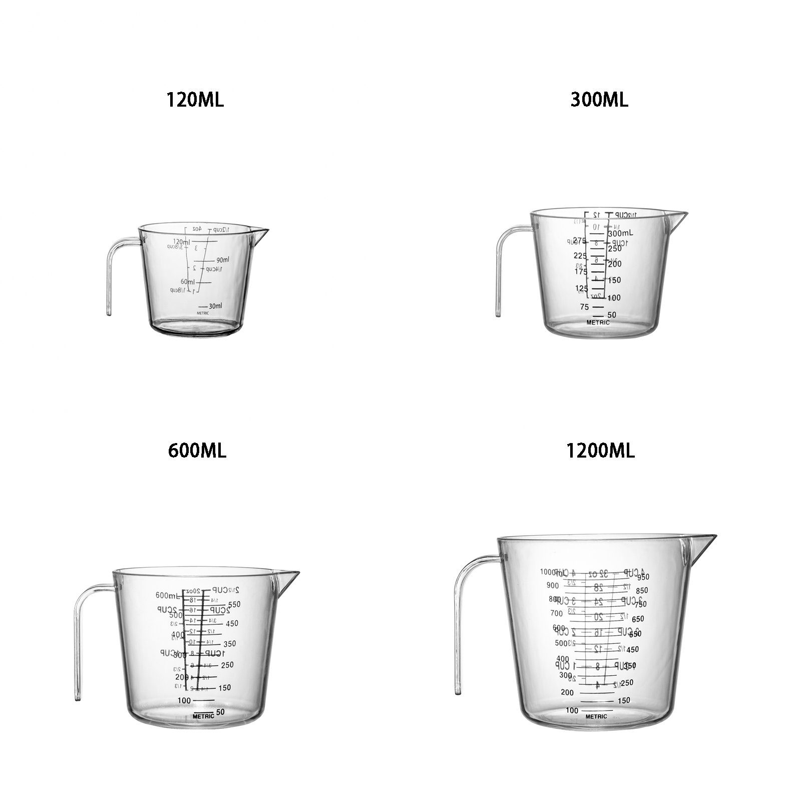 Plentyfy Messbecher Easy Measure 4, Kunststoff, (Set, bestehend aus 4 Meßbechern mit den Füllmengen 120ml, 300ml, 600ml, 1200ml mit den Messskalen Milliliter und Tassen, 4 Messbecher), Füllmengen 120ml, 300ml, 600ml, 1200ml mit den Messskalen