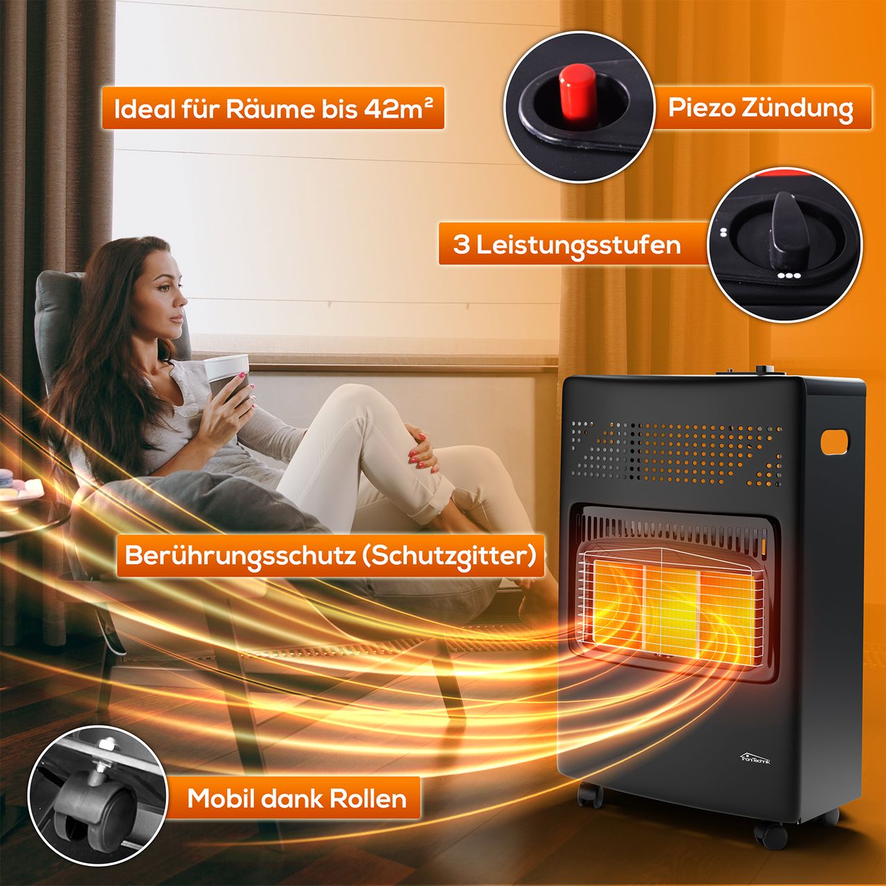 TroniTechnik Gas- Heizgerät für Propangas mit Nennleistung 4,2KW inkl. Zubehör