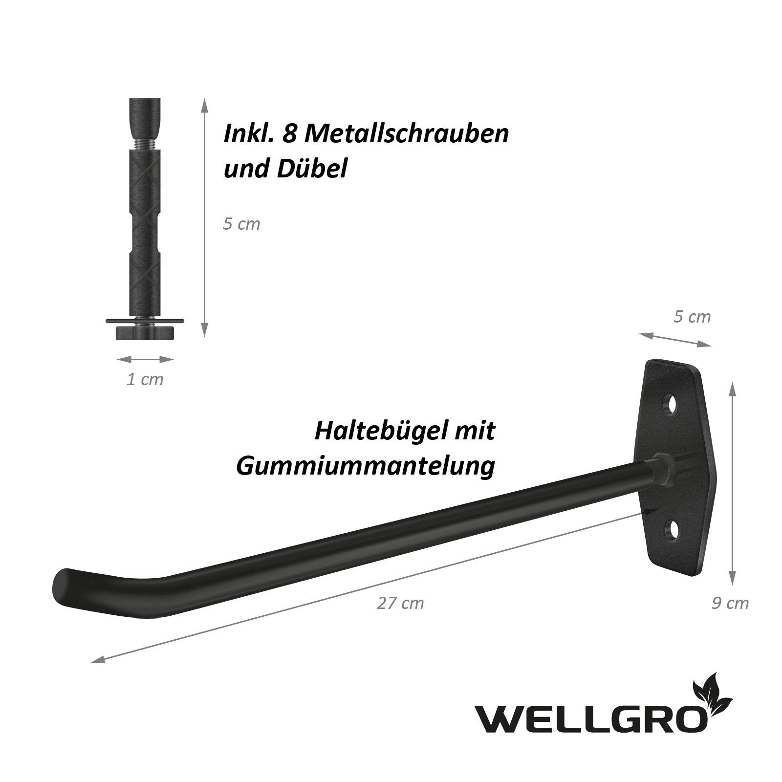 Wellgro Wandhaken 4x Reifenhalter zur Wandmontage - inkl. Metallschrauben und Dübel - Haltebügel mit Gummiummantelung - Felgenhalter - Wandhalter - ca. 27 x 9 x 5 cm - Farbe wählbar