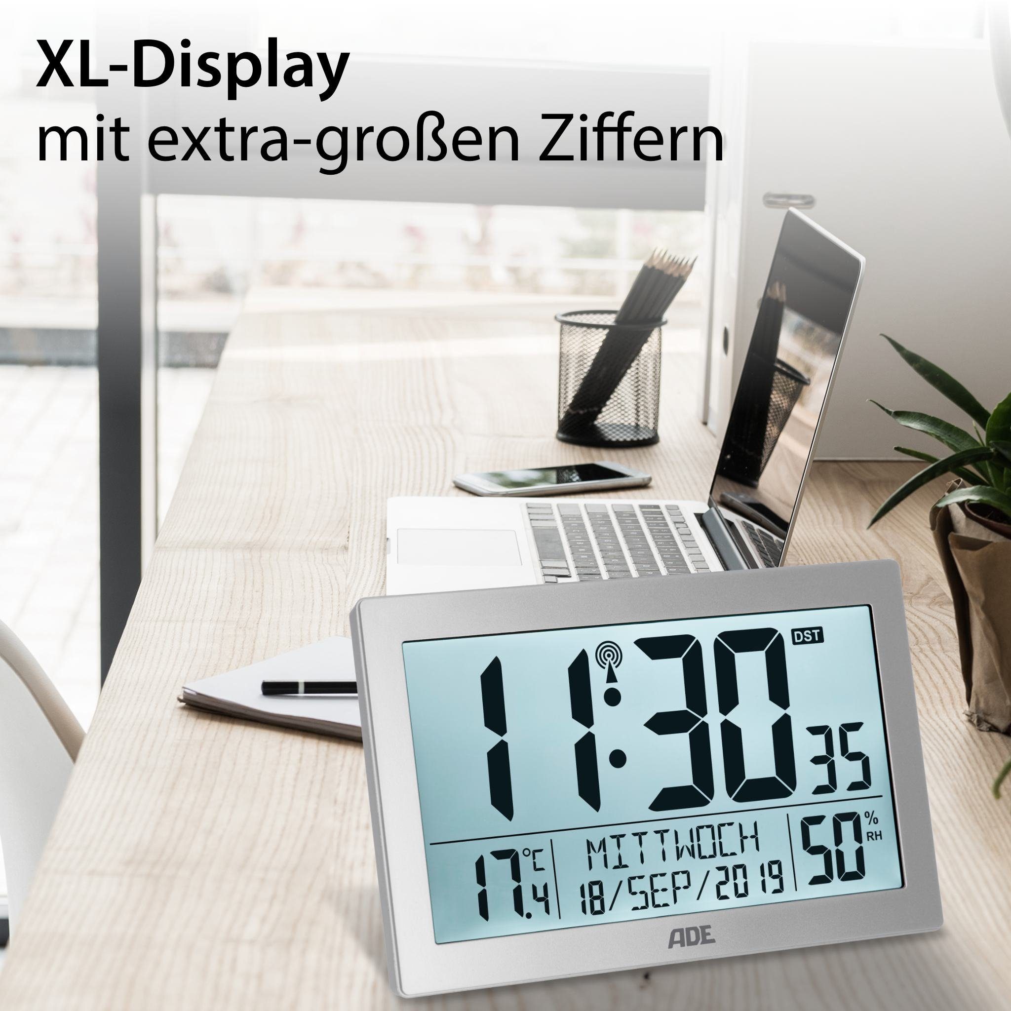 ADE Funktischuhr Digitale extragroße Wand- oder Tischuhr mit Beleuchtung mit Temperaturanzeige und Luftfeuchtigkeit, ideal für Senioren
