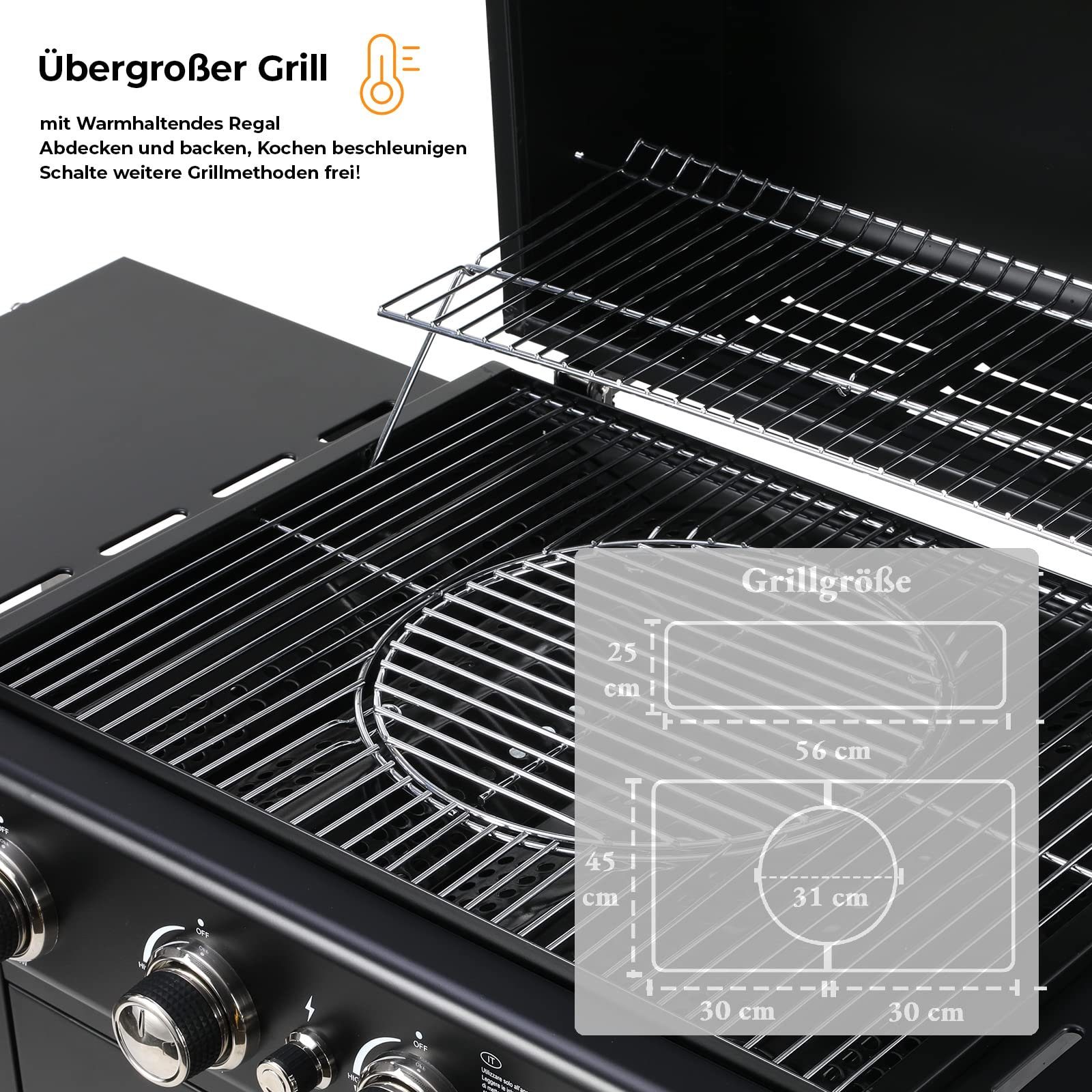 Femor Gasgrill, 4 Brenner Gasgril BBQ Grillwagen mit Thermometer Große Grillfläche