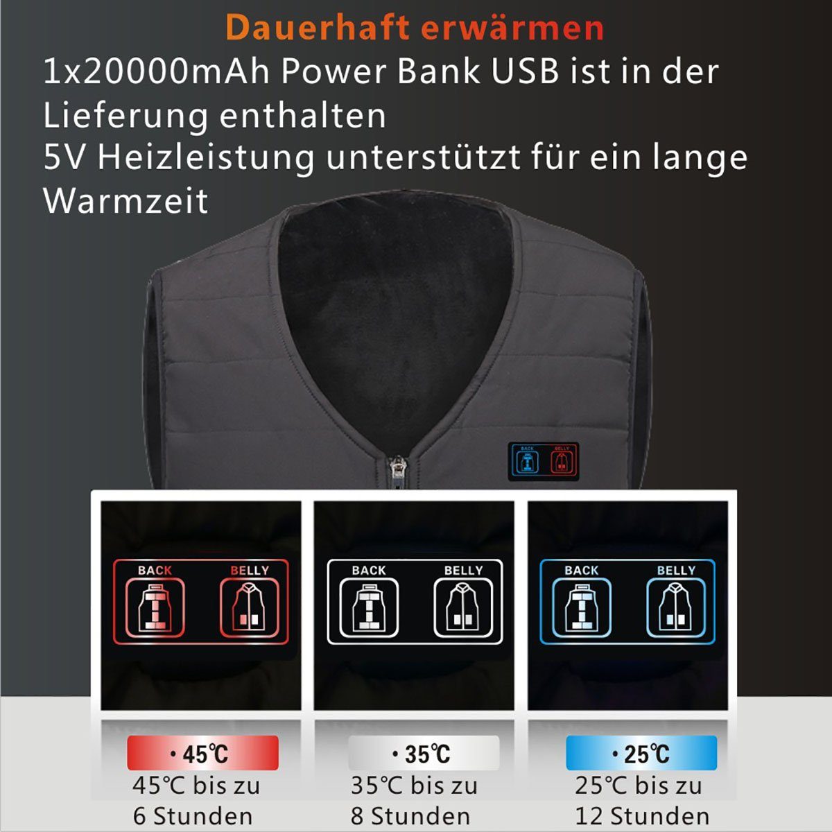 Warmzone Funktionsweste Heizwesten Damen Herren 12 Zone heizbare Westen L (Set) -wasserabweisend gefütterte-Heizwesten mit Akku Powerbank 20000mAh