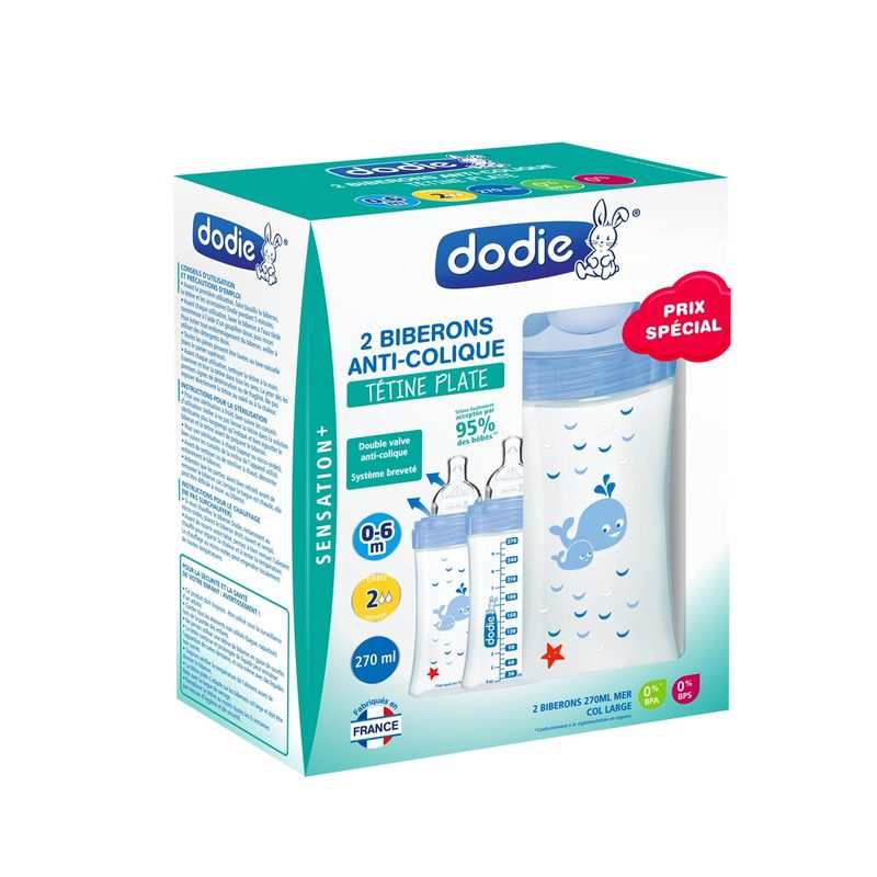 Lot de 2 biberons 0-6 mois anti colique 270 ml mer Dodie