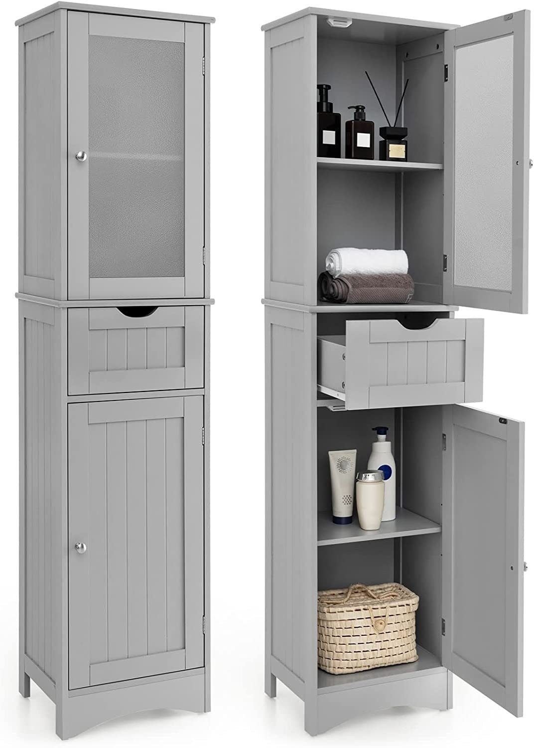 COSTWAY Hochschrank Bad, mit Schublade, 4 Fächern & Glastür, schmal, Holz, 170cm