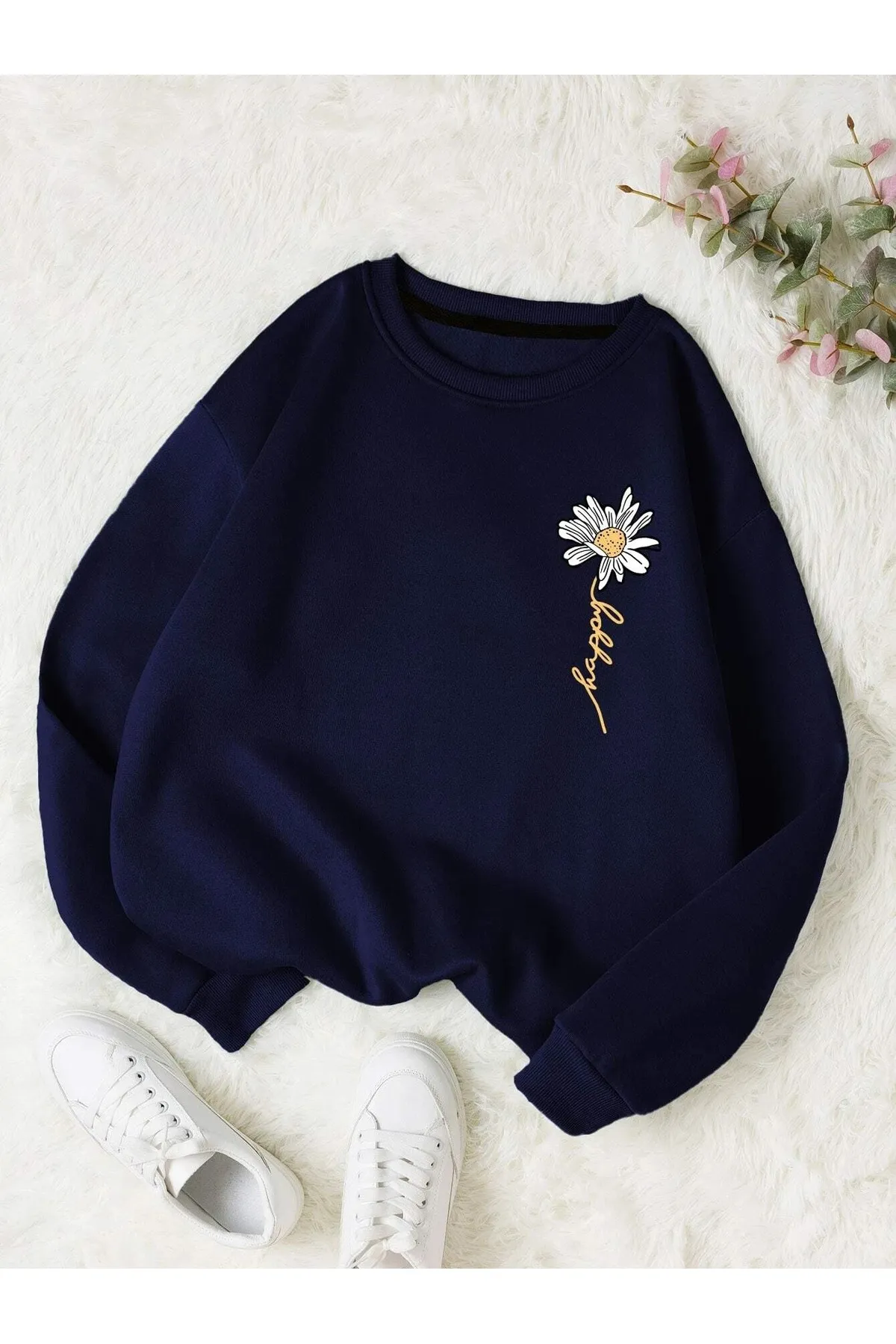 Know  Marineblaues Damen-Sweatshirt mit Gänseblümchen-Print und Rundhalsausschnitt