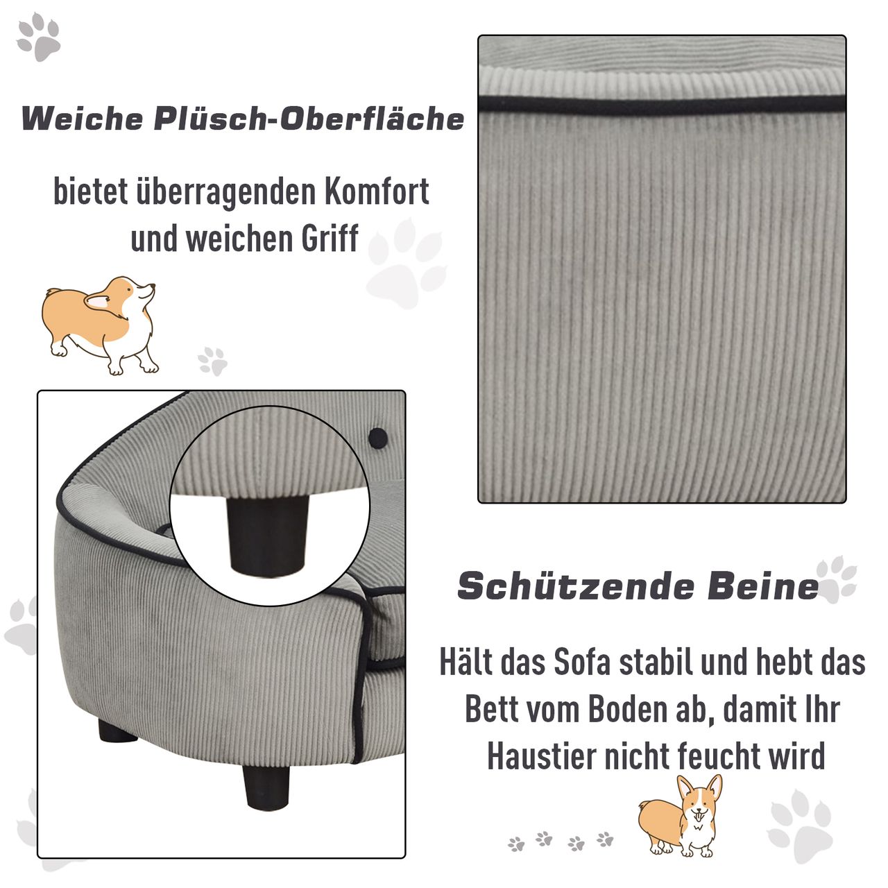 PawHut Haustiersofa, Hundebett, Hundematte, Hundesofa, Naturholz Plüsch, Grau, 66,5 x 45 x 35,5 cm
