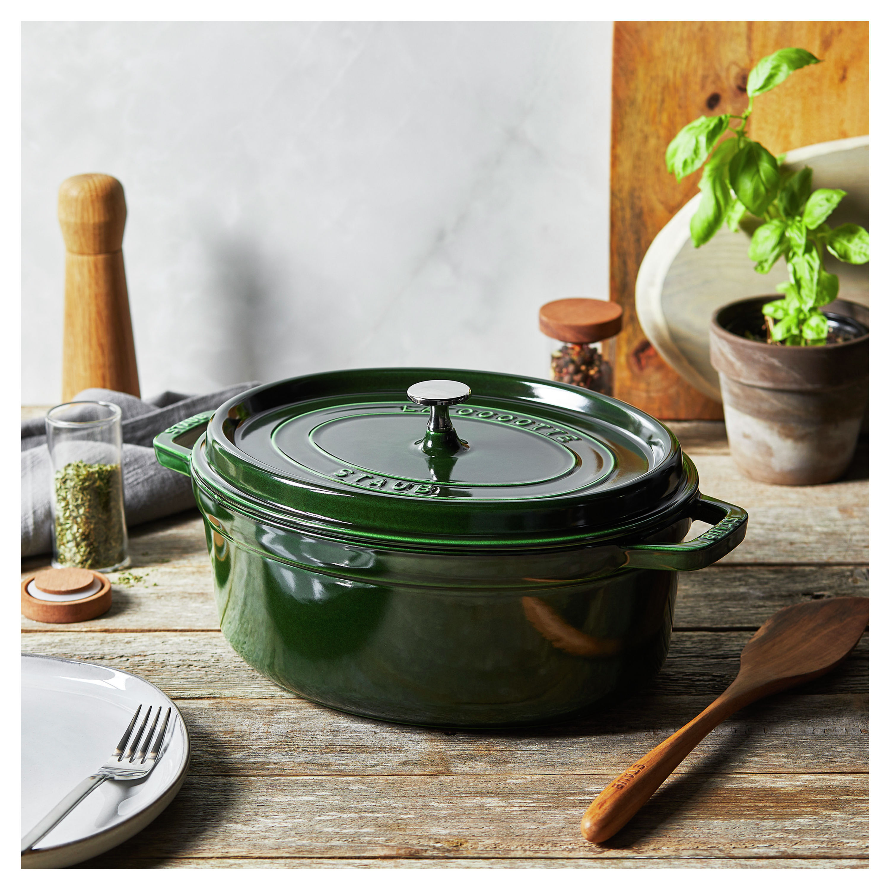 Cocotte 31 cm, oval, Basilikum-Grün, Gusseisen