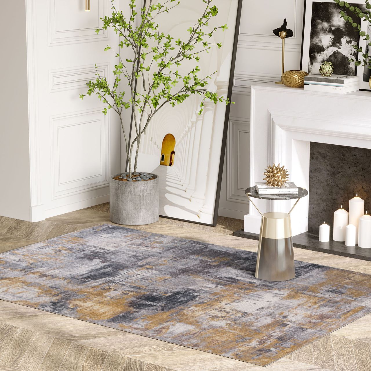 HOMCOM Teppich pfegeleicht Kurzflor Grau-Gelb 150 x 80 x 0,7 cm