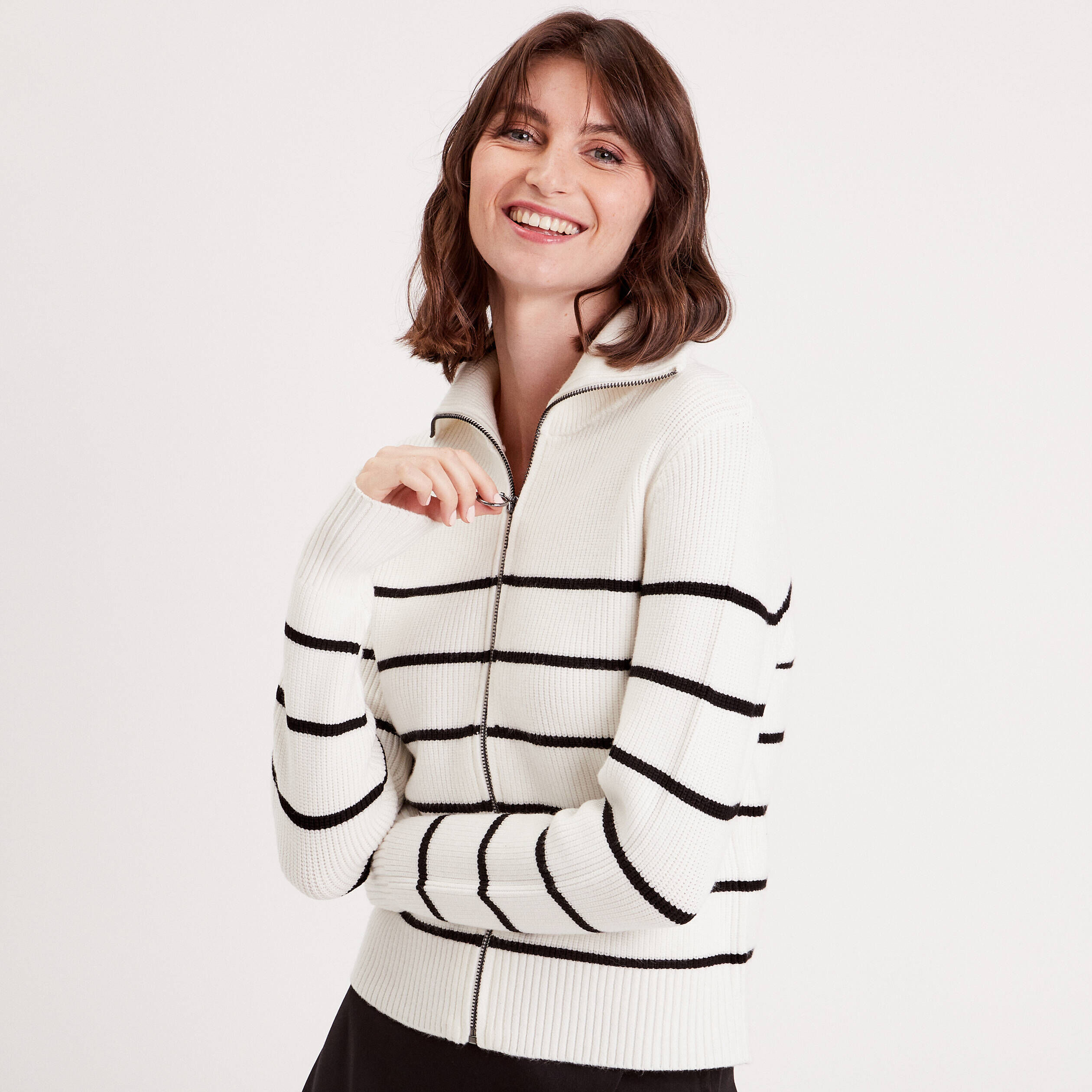 Gilet zippé manches longues ecru femme | Cache Cache