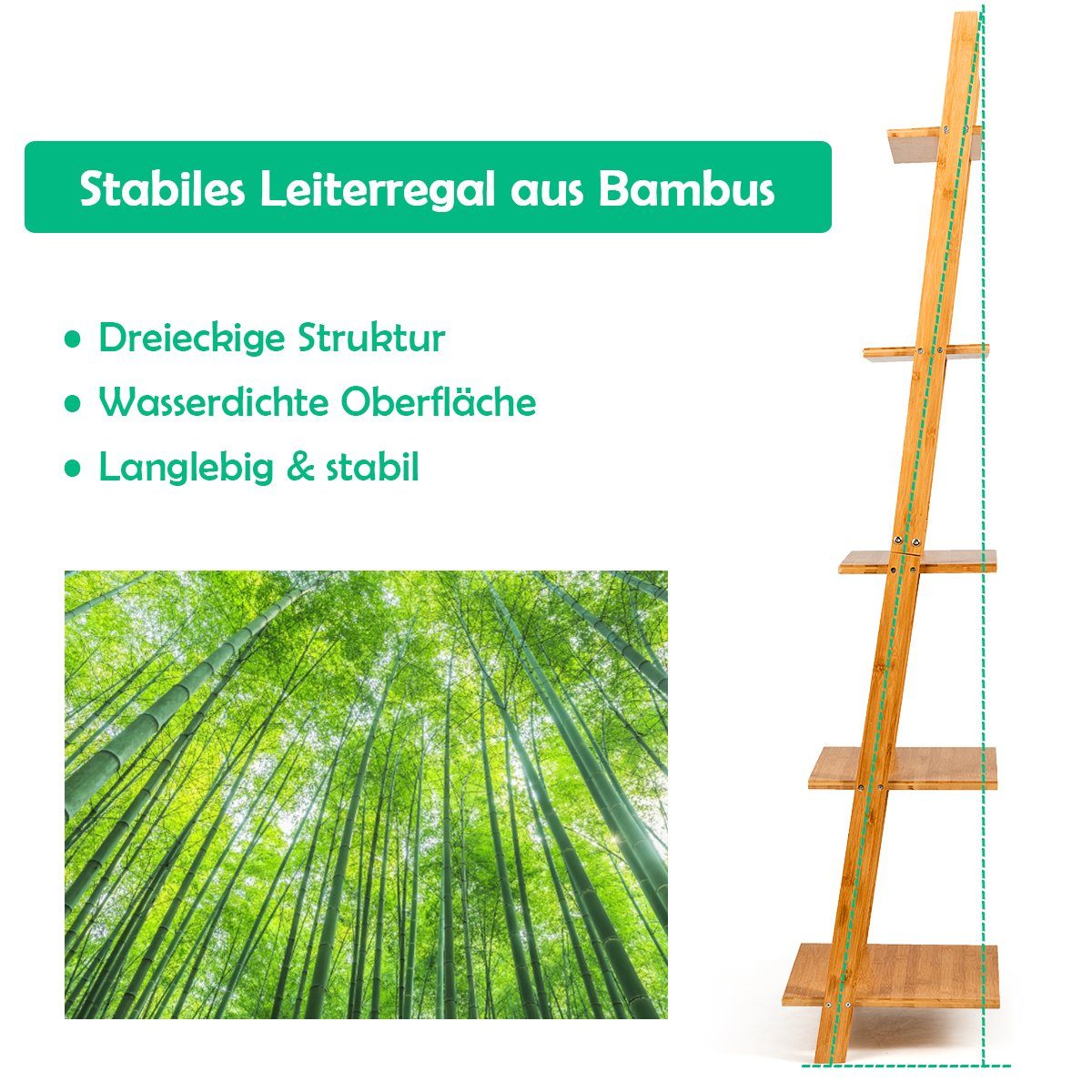 COSTWAY Leiterregal, Bücherregal 5 Ebenen, Bambus, schmal, 43x35x165cm