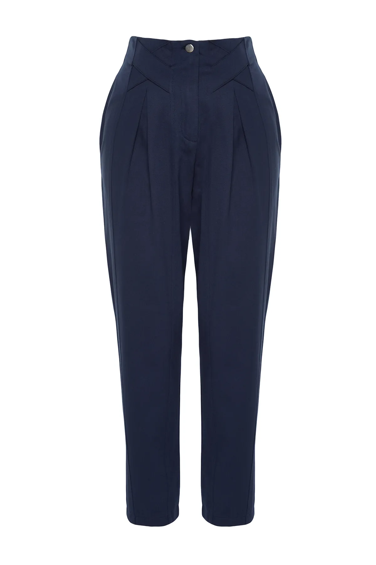 Trendyol Collection  Marineblaue, gewebte Hose aus Baumwolle mit Karottenmuster und detaillierten Streifen TWOAW22PL0342