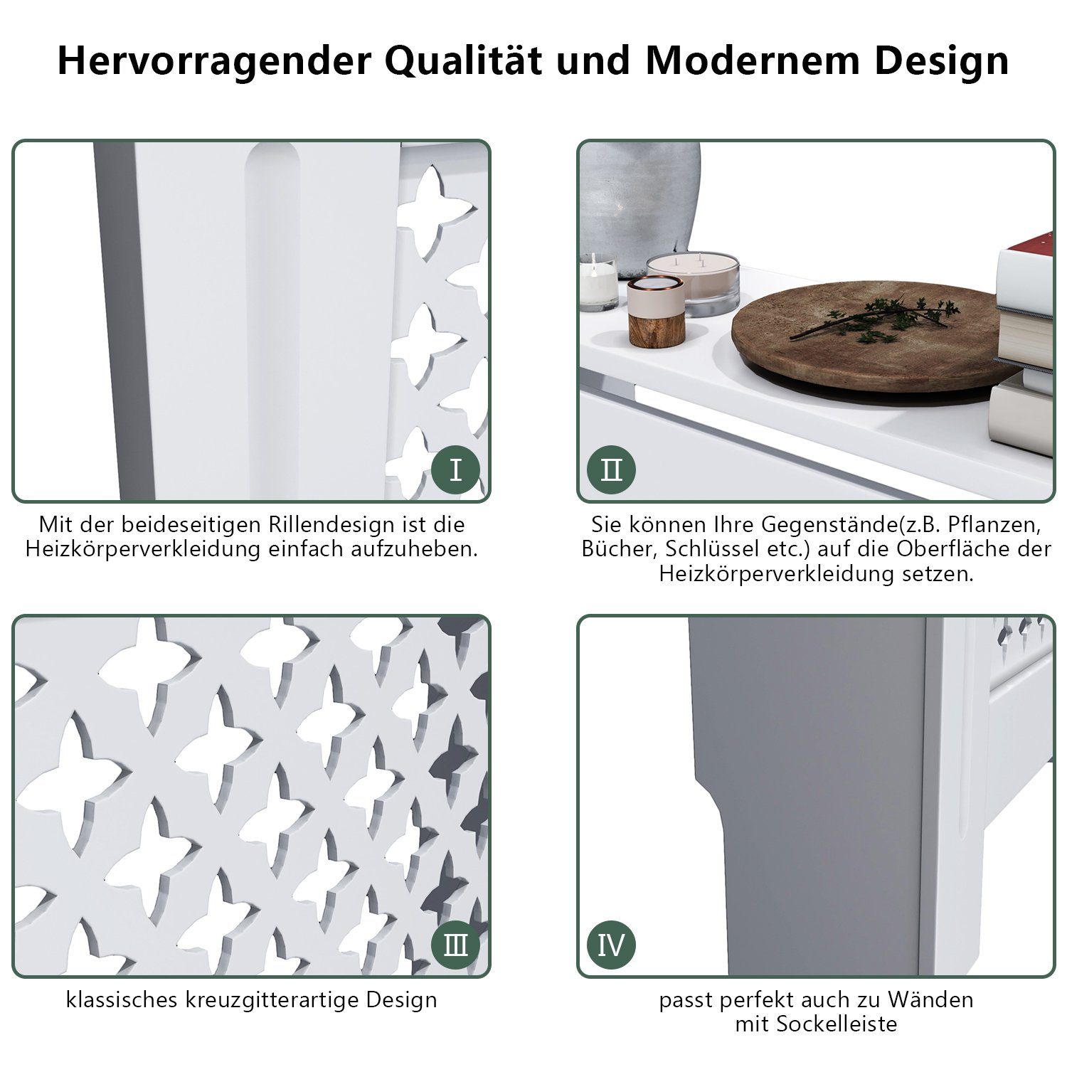 SONNI Heizungsverkleidung Heizungsverkleidung Heizkörperverkleidung weiß Breite 78/112/152cm, Kreuzgitter, Heizungsverkleidung, Zubehör für Wandmontage, MDF