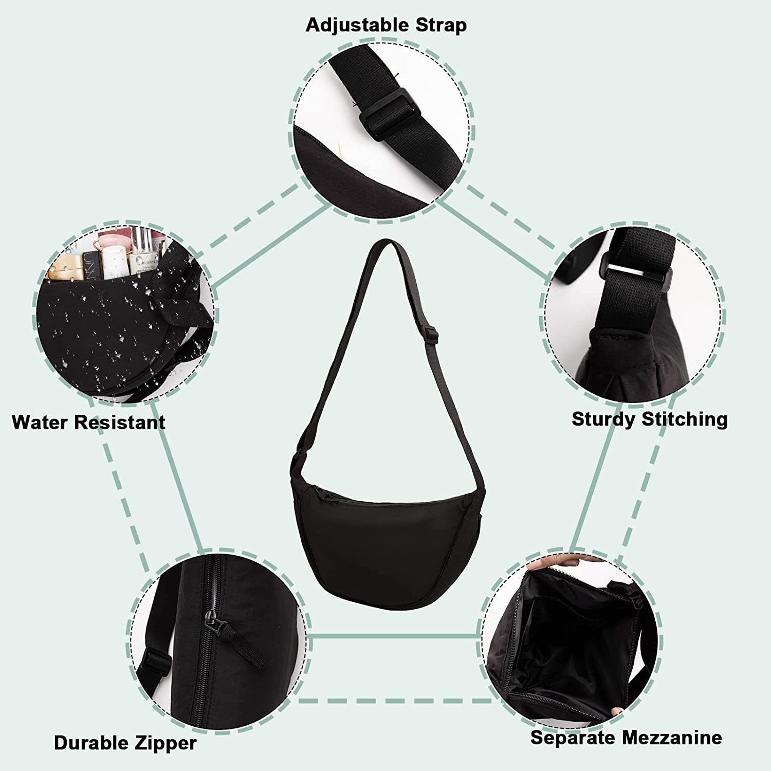Blusmart Umhängetasche Halbmond Crossbody Bag (Reise-Umhängetasche aus Nylon mit verstellbarem Riemen, wasserdichte Umhängetasche), Geeignet für Alltag, Sport, Schule, Outdoor-Reisen usw.