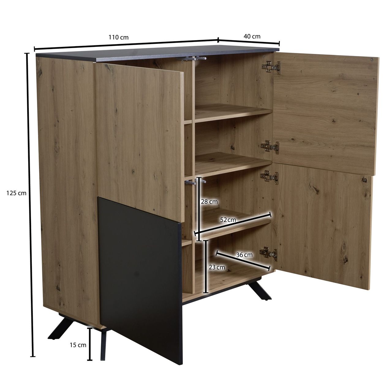 Skyport WOHNLING Highboard 110x125x40 cm MDF Sideboard Eiche Dekor Kommode Anrichte