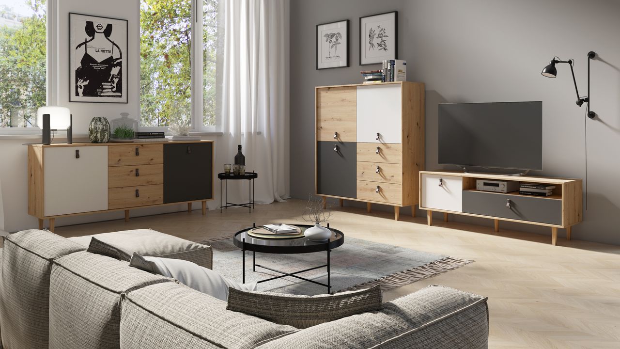 byLiving BILL Highboard, Breite 120 cm, Eiche-Optik, matt weiß anthrazit