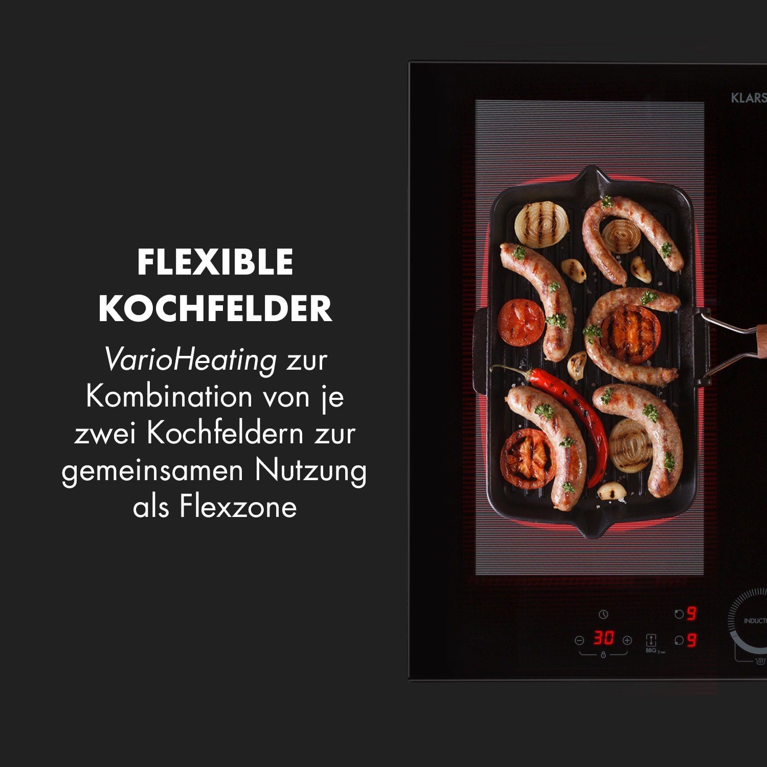Klarstein Induktions-Kochfeld Delicatessa 60 Hybrid Einbaukochfeld Induktion Autark 4 Zonen 7000W Glaskeramik CP4-Delicatessa60HY, Einbau Induktionskochfeld 4 Kochfelder Platten Induktionsherd autark