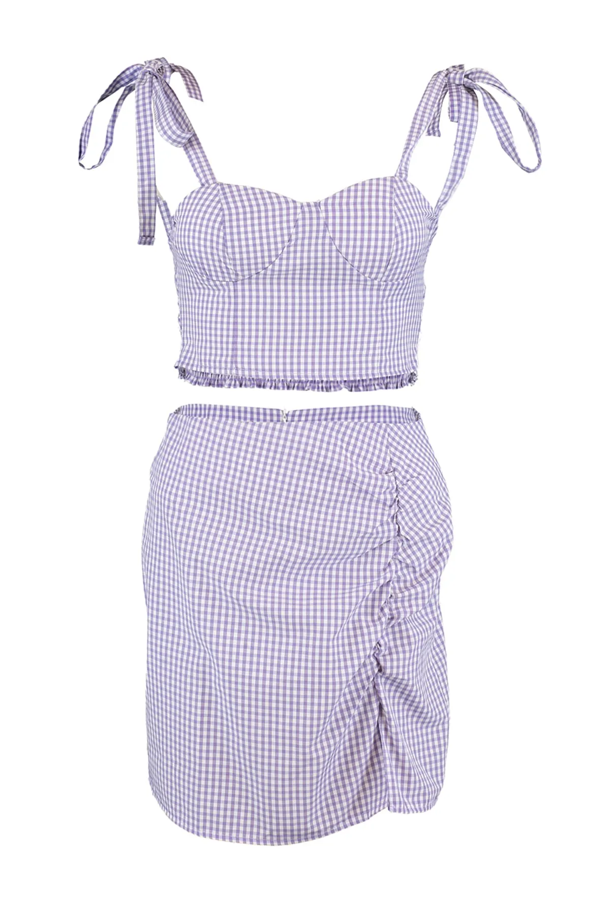 Trendyol Collection  Fliederfarbenes, gewebtes Oberteil und Unterteil mit Gingham-Schnürung TBESS21AU0091