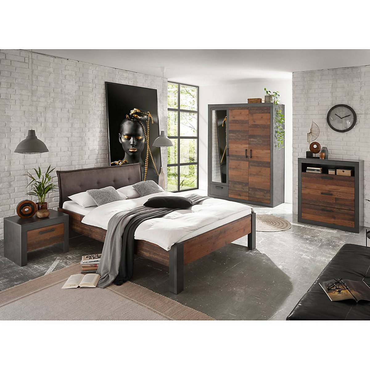 Schlafzimmer Kombi BERLIN-S-61 4-tlg. Liegefläche 140x200 cm, Industrial Stil, in Matera anthrazit/grau mit Old Mix Dekor