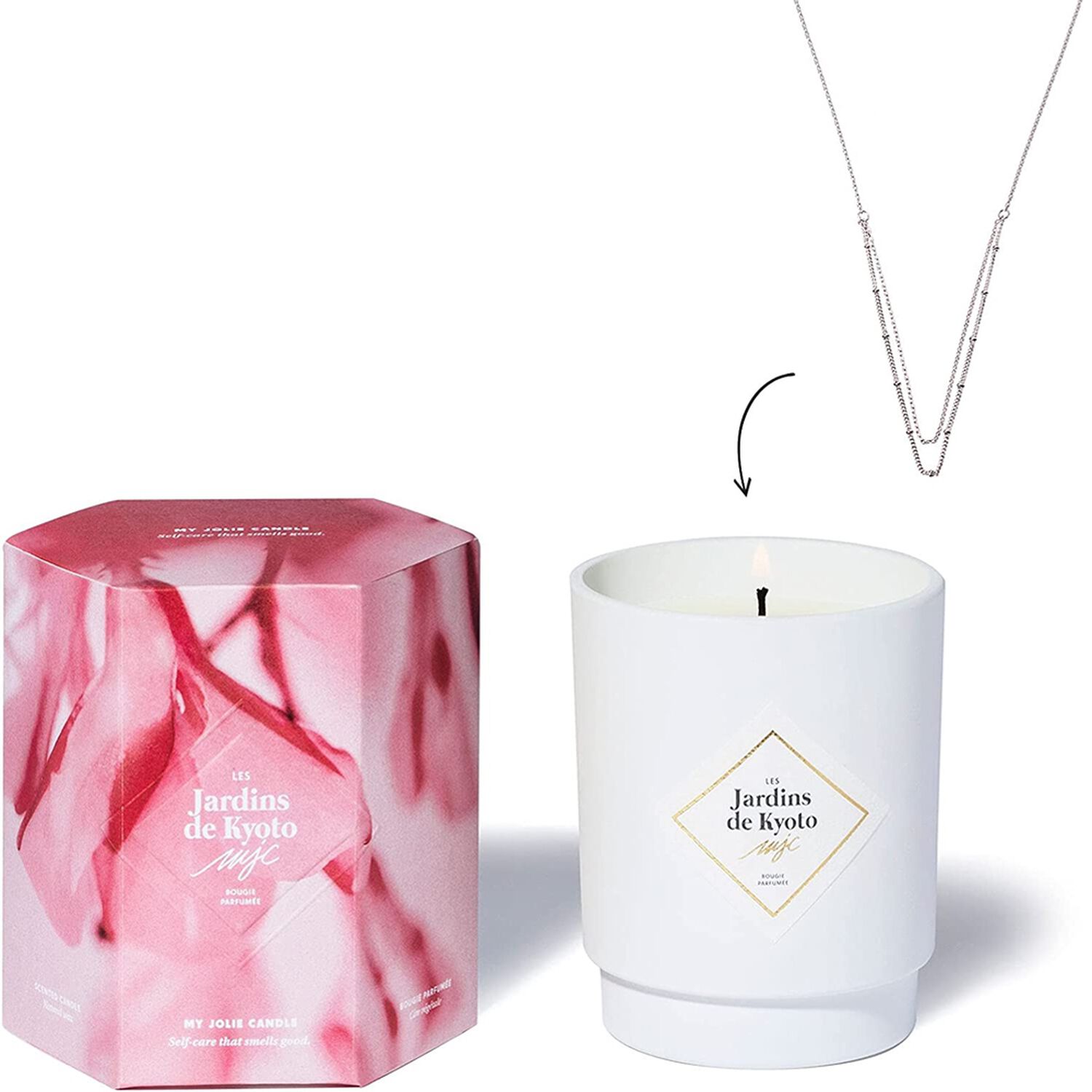 My Jolie Candle Les Jardins de Kyoto Bougie Fleur de Cerisier avec Bijou - Collier Argent - 250g