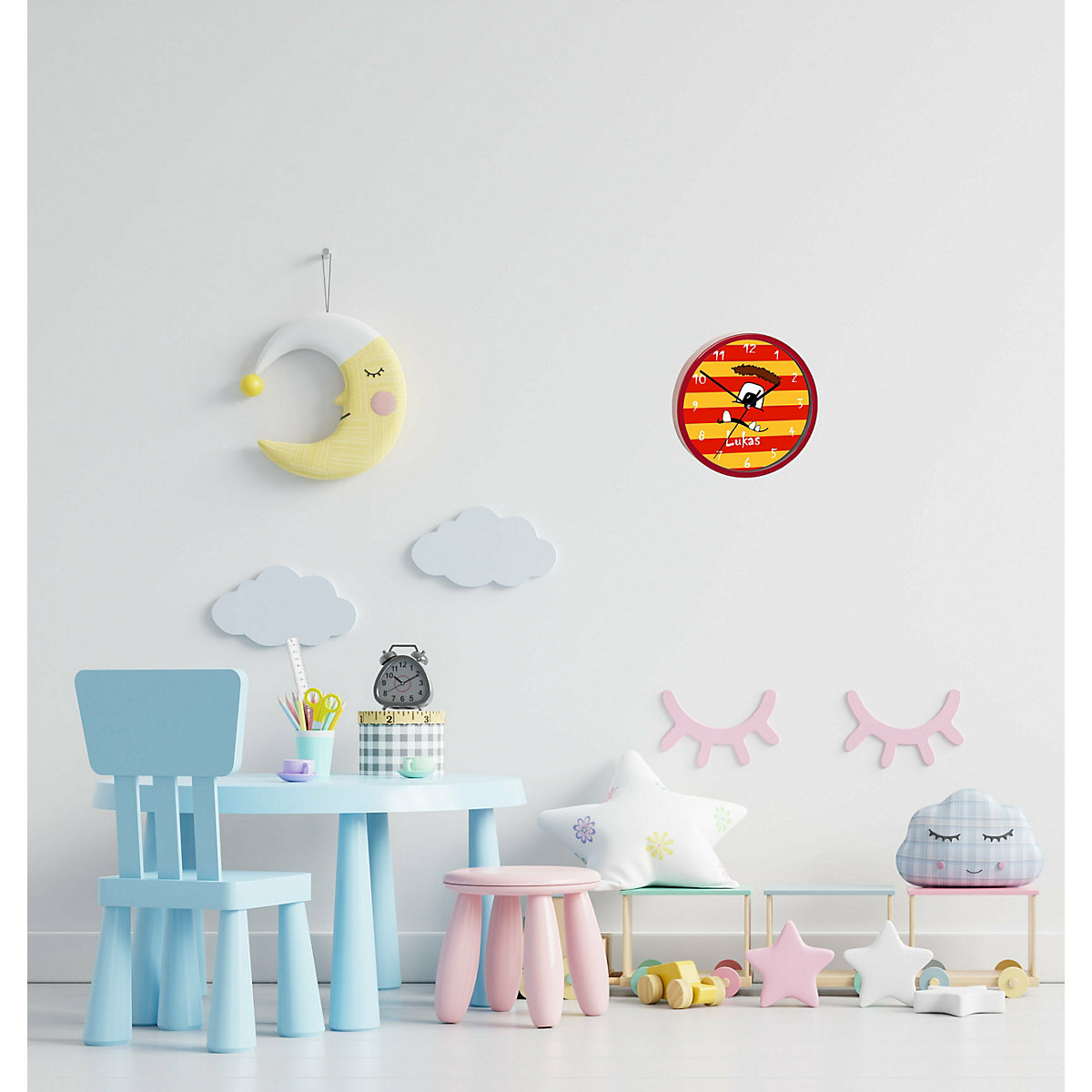 Kinder Wanduhr personalisiert mit Name Monster Streifen rot gelb