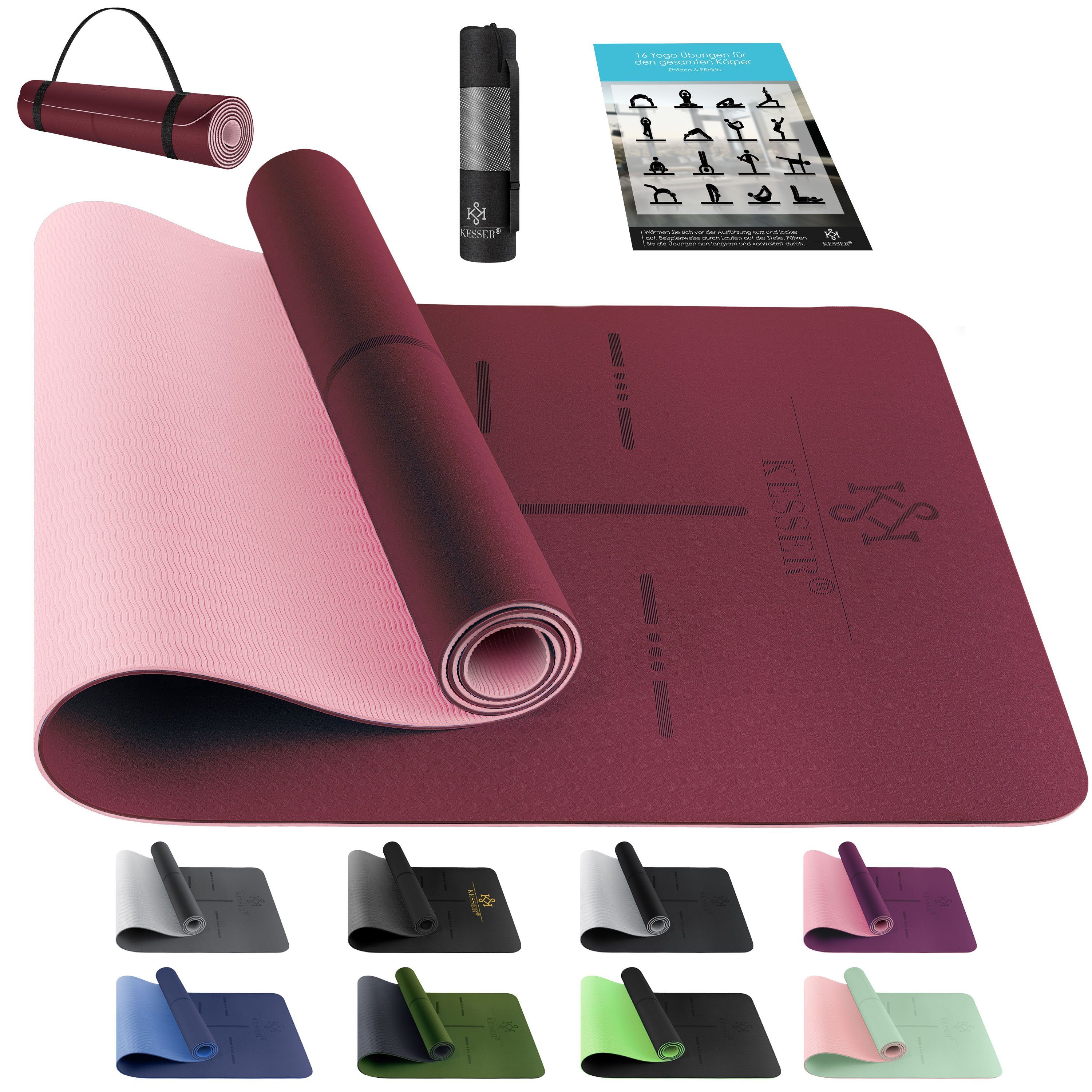 KESSER Yogamatte, Gymnastikmatte + Tragegurt rutschfest TPE Yogamatte gepolstert