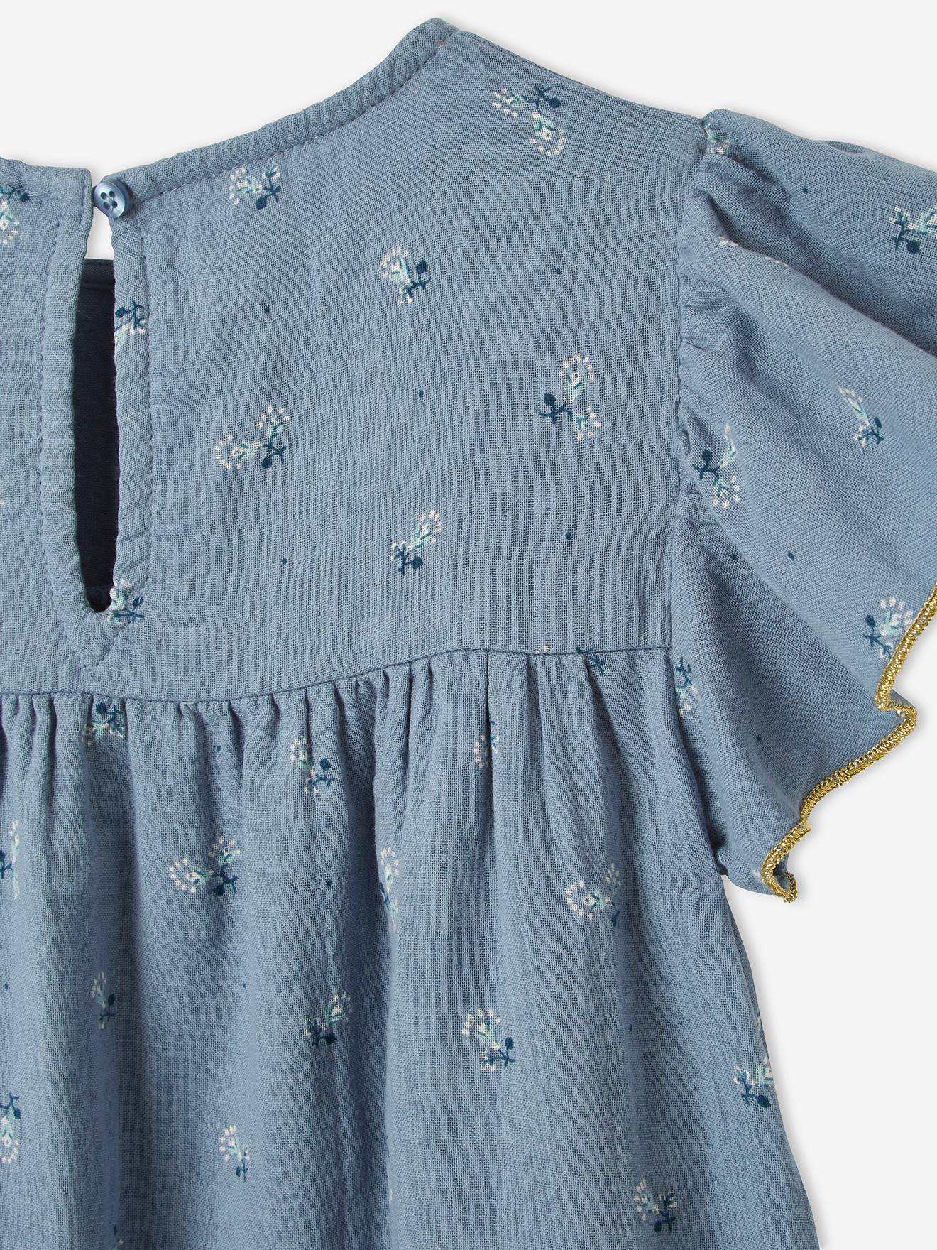 Robe fille en gaze de coton imprimée manches papillon tomette