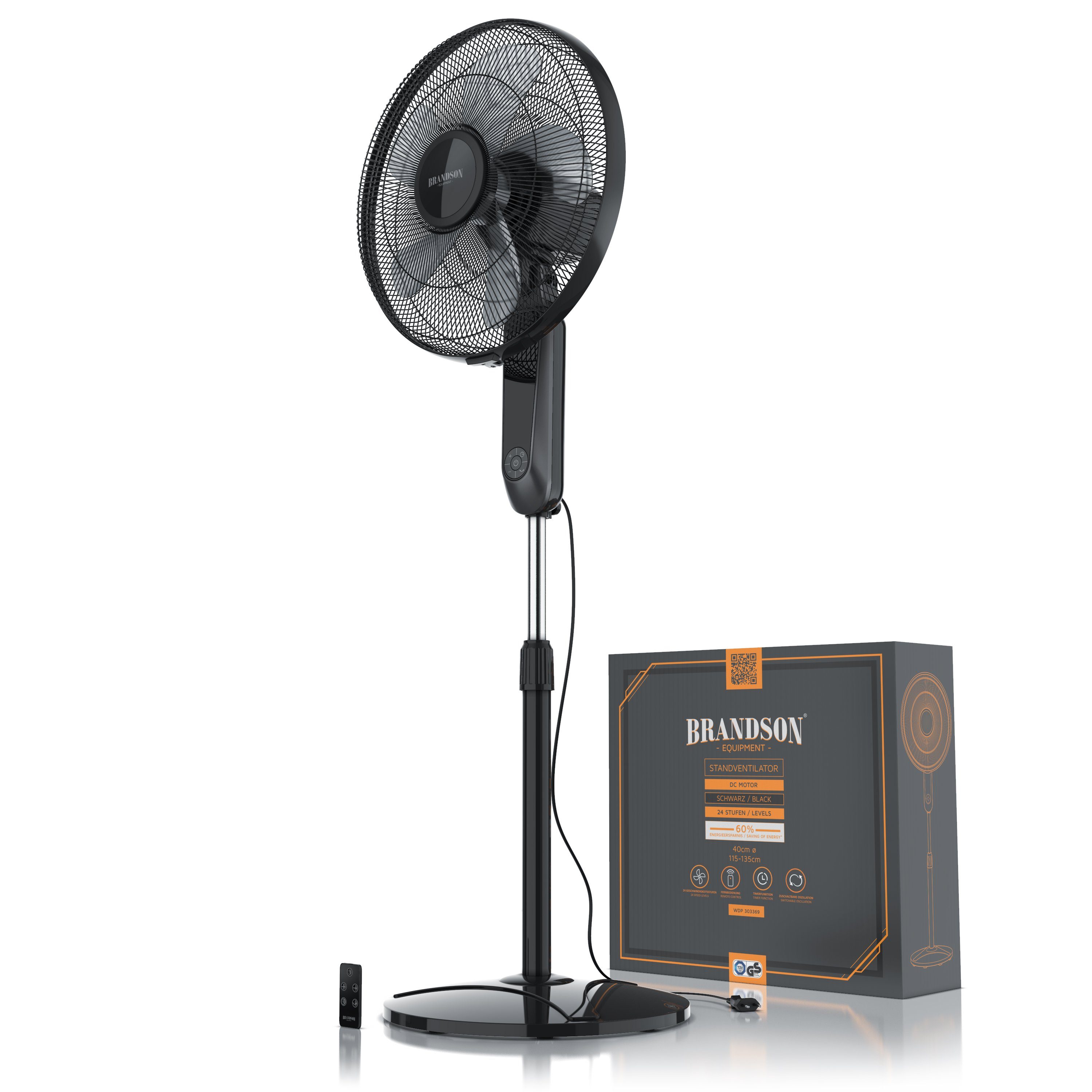 Brandson Standventilator, 45,5 cm Durchmesser, DC, leise, Fernbedienung, energiesparend, Oszillation, 25 Stufen